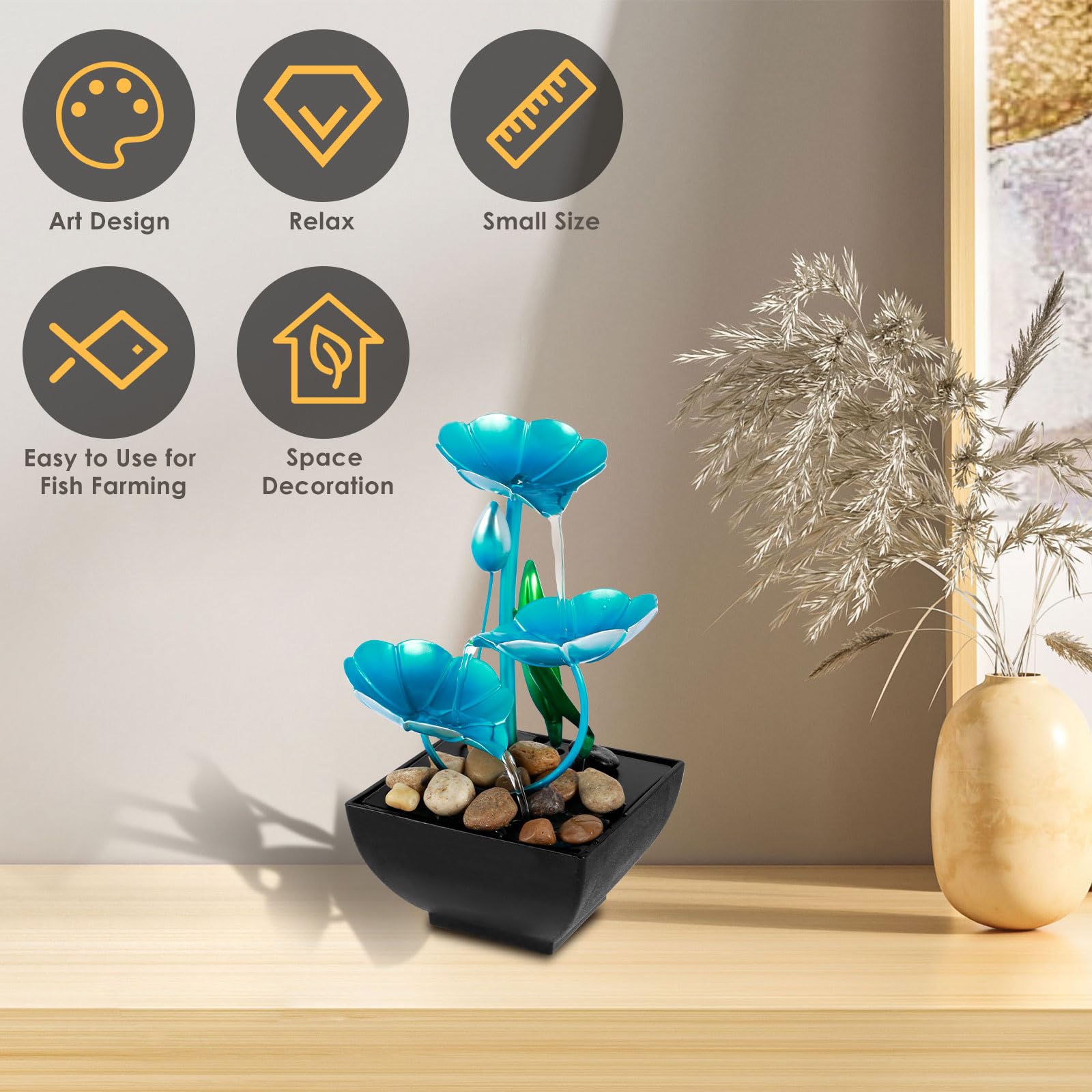 DNAMYJME Tabletop Fountain Meditation Water Fountain Creative Flower Mini Waterfall Fountain Decorations Sound Relaxation Ornament USB Powered for Table Office Bedroom(Blue)