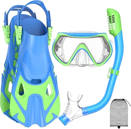 Juego de esnórquel con aletas de máscara para niños, equipo de esnórquel con parte superior seca para niños, jóvenes, niños y niñas, 1Y-5Y