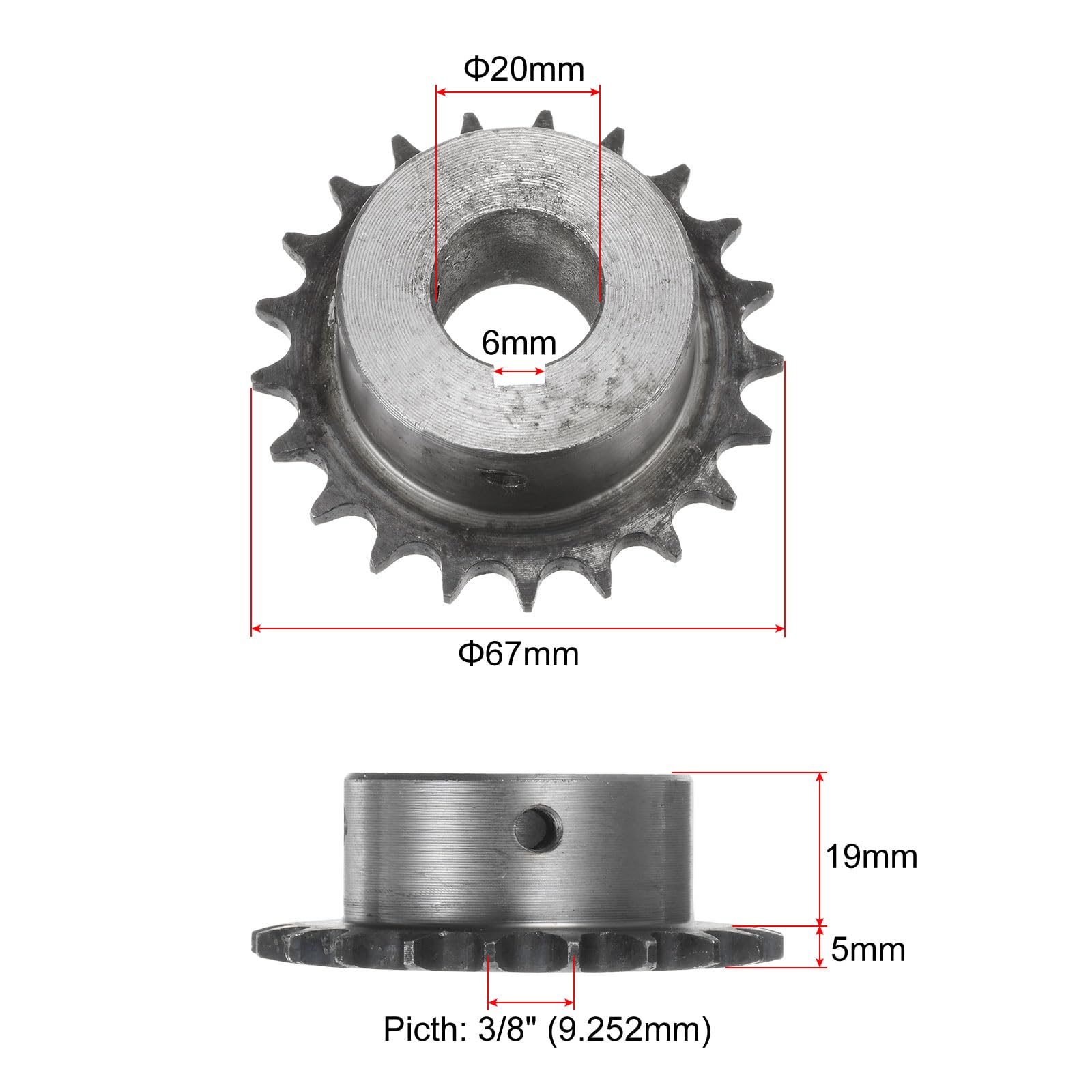 QUARKZMAN ISO/DIN 06B-1 Rollenkettenrad B-Typ, 20 mm Bohrung, 3/8" Teilung, A3-Stahl Einzelstrang-Rollenkettenrad gehärtet, 21 Zähne