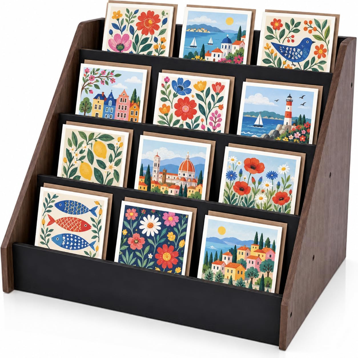 Wooden Greeting Card Display Stand, 4-Tier Countertop Card Holder Rack for Postcards, Stickers and Stationery, Retail Display Organizer for Vendors, Stores and Craft Fairs