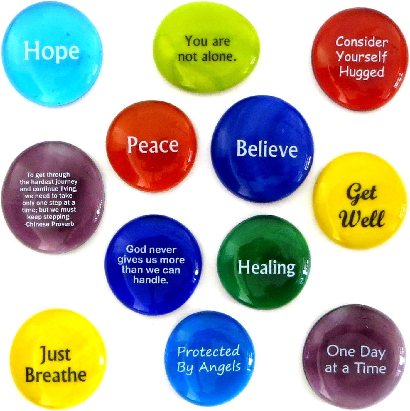 Comfort Stones,12 Encouraging and Comforting Sayings On Glass Stones For Anyone Facing a Challenge Or Illness. By Lifeforce Glass.