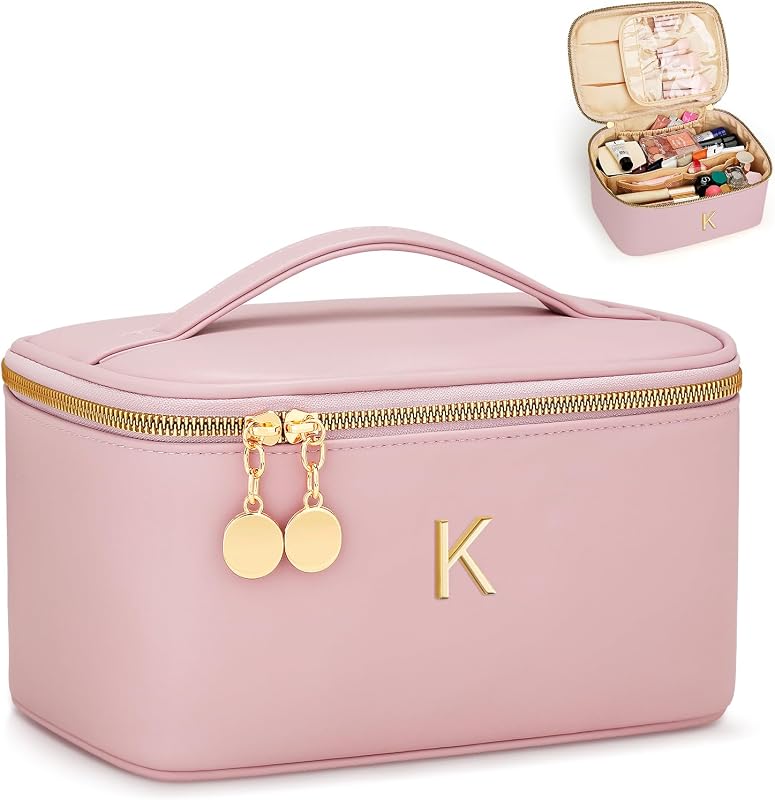 Necessaire de maquiagem CLOUDWINGS com inicial K, divisória e compartimento para pincéis, rosa, 1 unidade