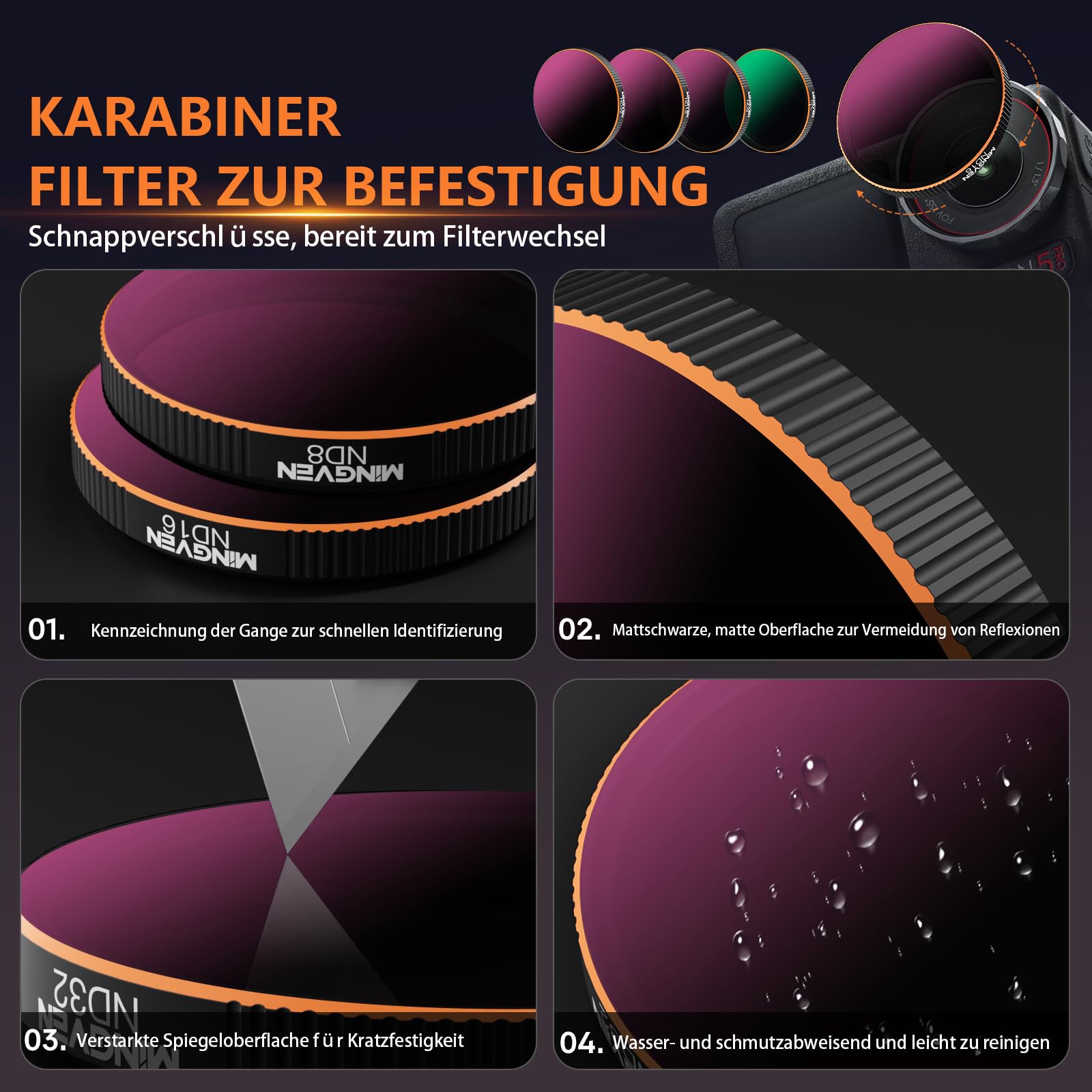 ND-Filter-Set für DJI Osmo Action 5 Pro, CPL + ND-Filter-Set, Kompatibel Mit Osmo Action 4/3 Zubehör, 4er-Pack (CPL, ND8, ND16, ND32)