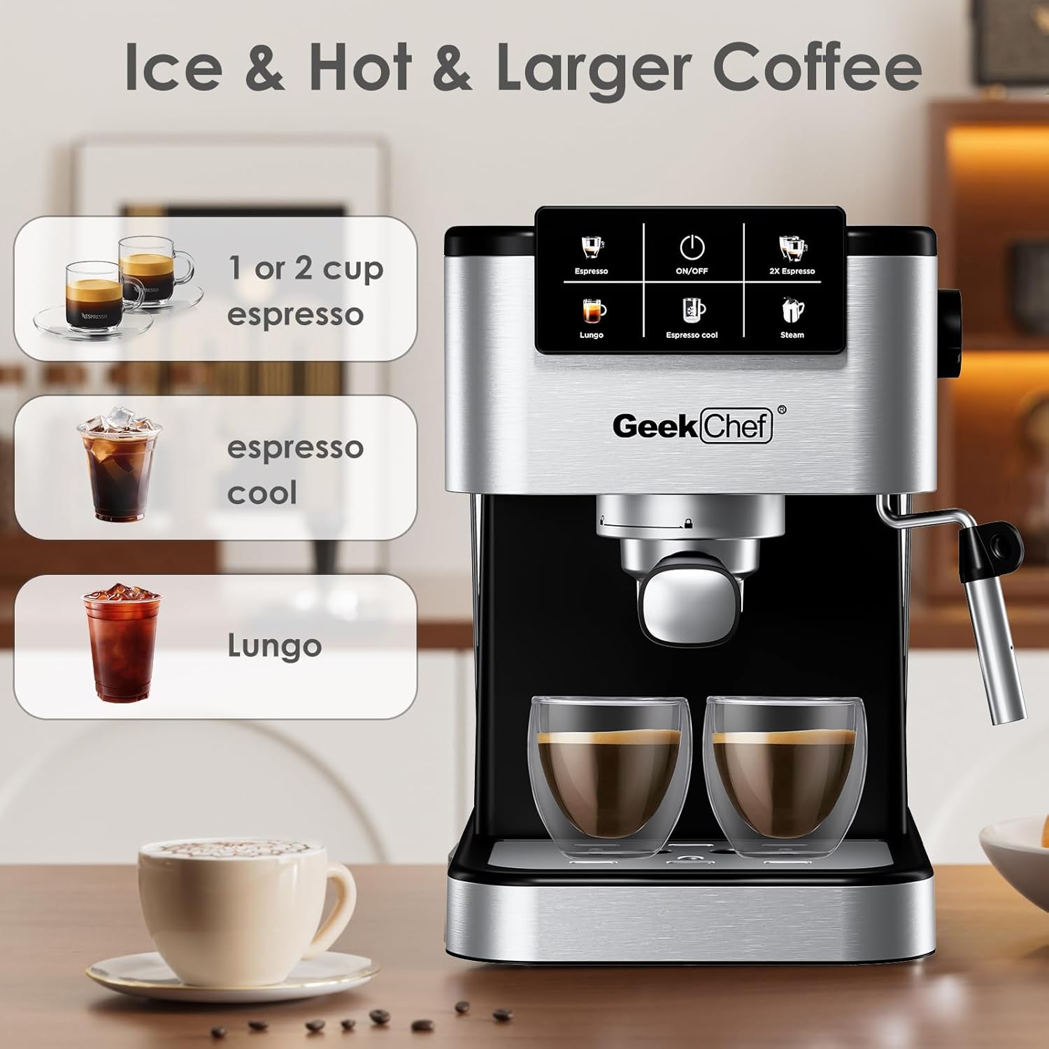 Geek Chef Espresso Machine, 20 Bar Espresso and Cappuccino Coffee Maker, Quick Heating Automatic, Latte & Cappuccino Creator, for Home, for Gift to Family, Friends, Coffee Shops
