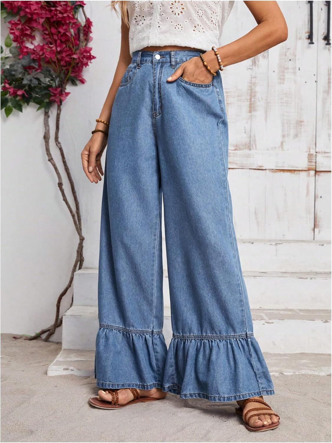 SweatyRocks Women's High Waist Ruffled Hem Wide Leg Baggy Jeans Denim Long Pants - Image 4