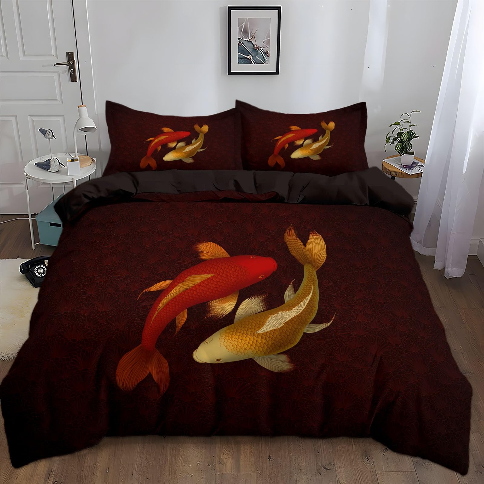 Dark brown Cot-bed Reversible Duvet Cover, 3 Pieces Bedding Set with Quilt Cover & Pillowcases, Soft Eastern Chinese Style Two Koi Fish Duvet Cover Sets for Adult Teenager Kids Boys (120 x 150 cm) — image 1