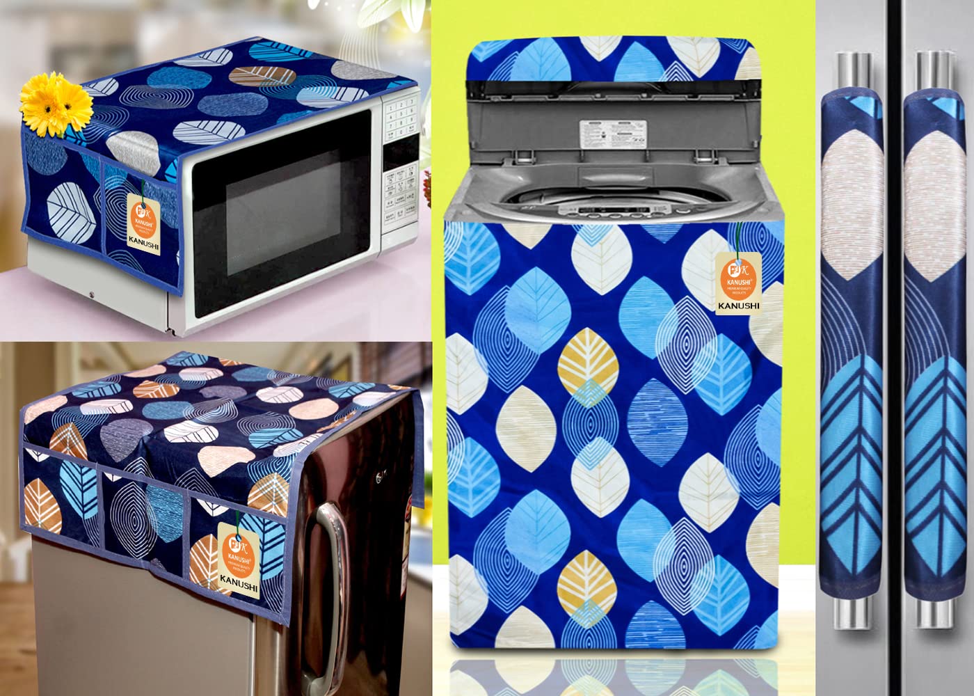 KANUSHIKANUSHI Industries® Microwave Cover with 4 Utility Pockets + 1 Pc Top Load Automatic Washing Machine Cover+1pc Fridge/Refrigerator Cover+2pc Handle Cover(Micro+FRI+W.M-Fully+2-HDL-Blue-Long-LEV)