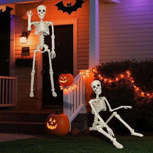 Miniatura 7 de Paquete de 2 esqueletos posables de 36 pulgadas, decoraciones de Halloween esqueleto de tamaño real de 3 pies con articulaciones móviles de cuerpo
