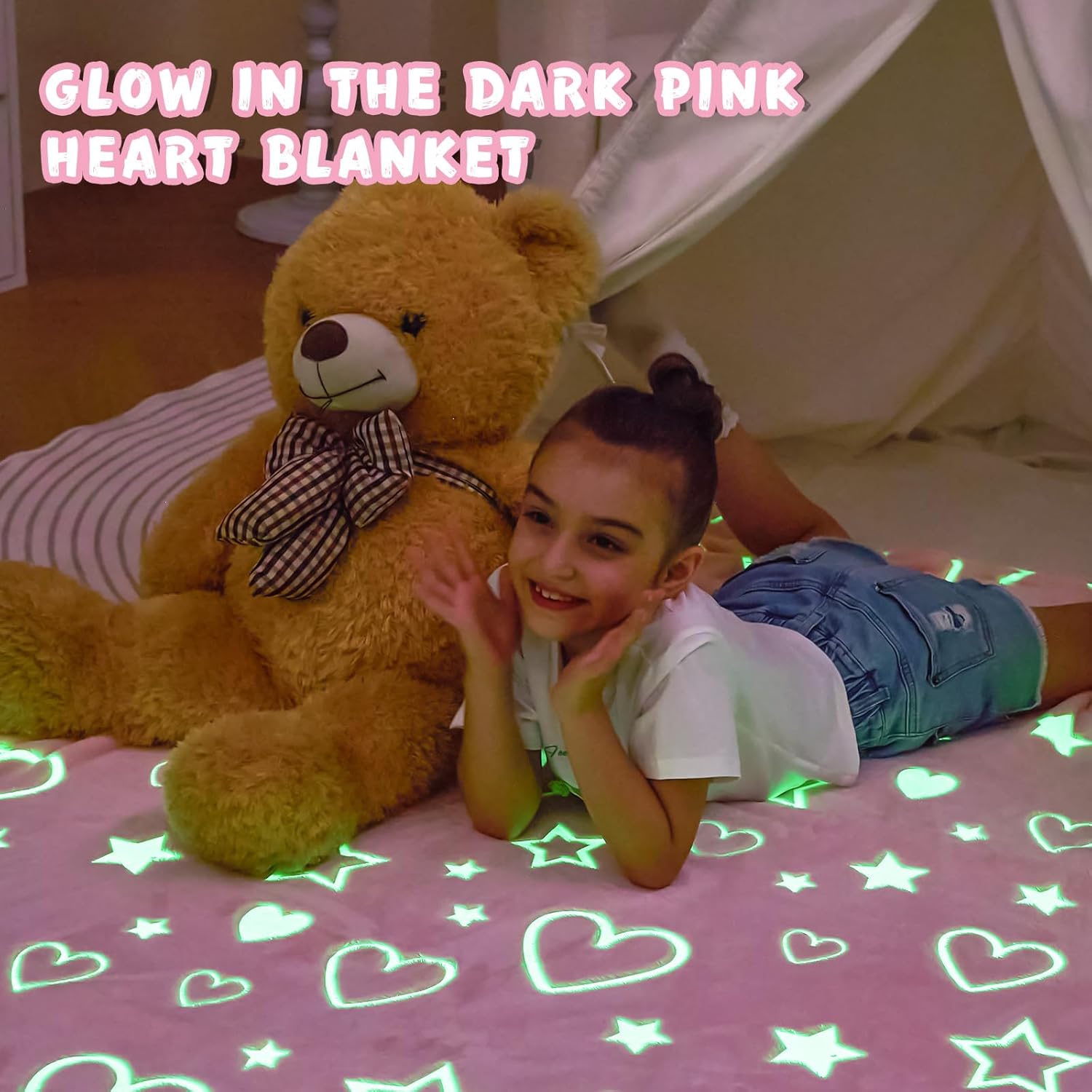 inhand Birthday Gifts Toys for Girl Pink Heart Glow in The Dark Blanket Personalized Throw Blanket Cute Kids Blanket Soft Fleece Throw Blanket Valentines Day Gifts for Kids（50x60 Pink Heart） - Image 8