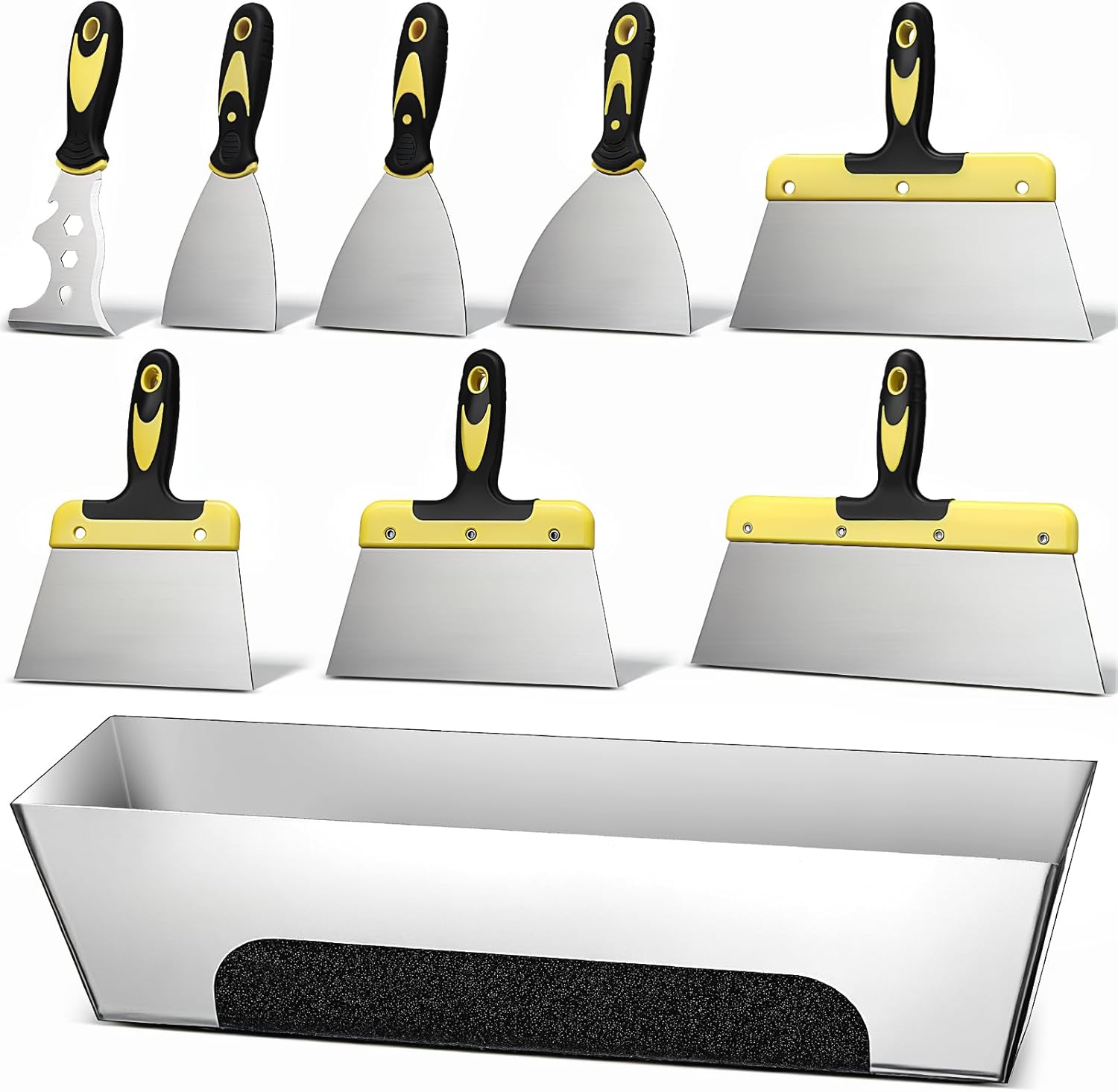 Lasnten 9 Piece Drywall Tools, Stainless Steel Drywall Knife Tool Kit Includes Putty Knife, Taping Knives, Putty Knives, 12" Mud Pan, Painter Scrapers for Joint Taping, Finishing, Patching