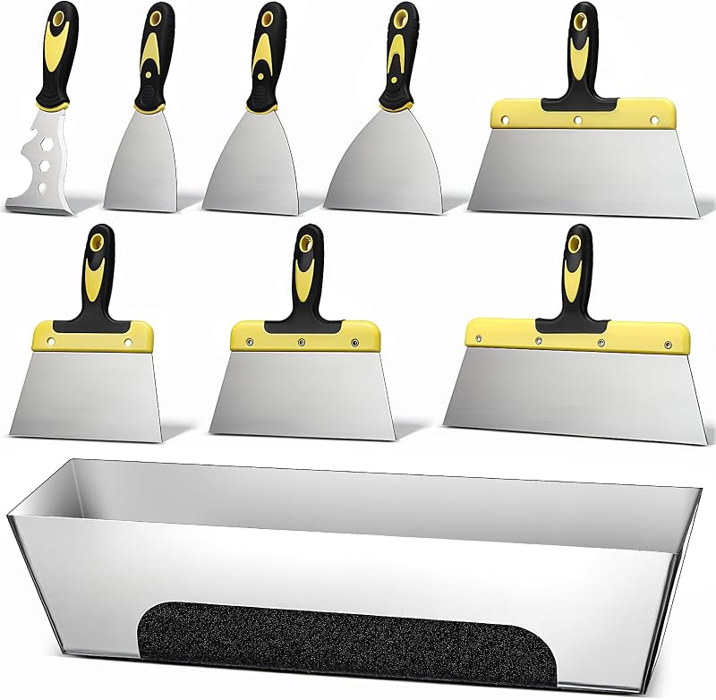 Lasnten 9 Piece Drywall Tools, Stainless Steel Drywall Knife Tool Kit Includes Putty Knife, Taping Knives, Putty Knives, 12" Mud Pan, Painter Scrapers for Joint Taping, Finishing, Patching