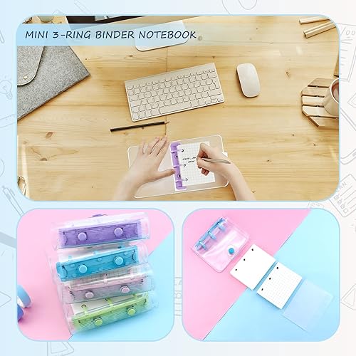 Miniatura 5 de Paquete de 4 mini fundas transparentes de 3 anillos con papel interior y bolsillos, cierre de cuaderno de PVC suave y transparente, carpeta de hojas