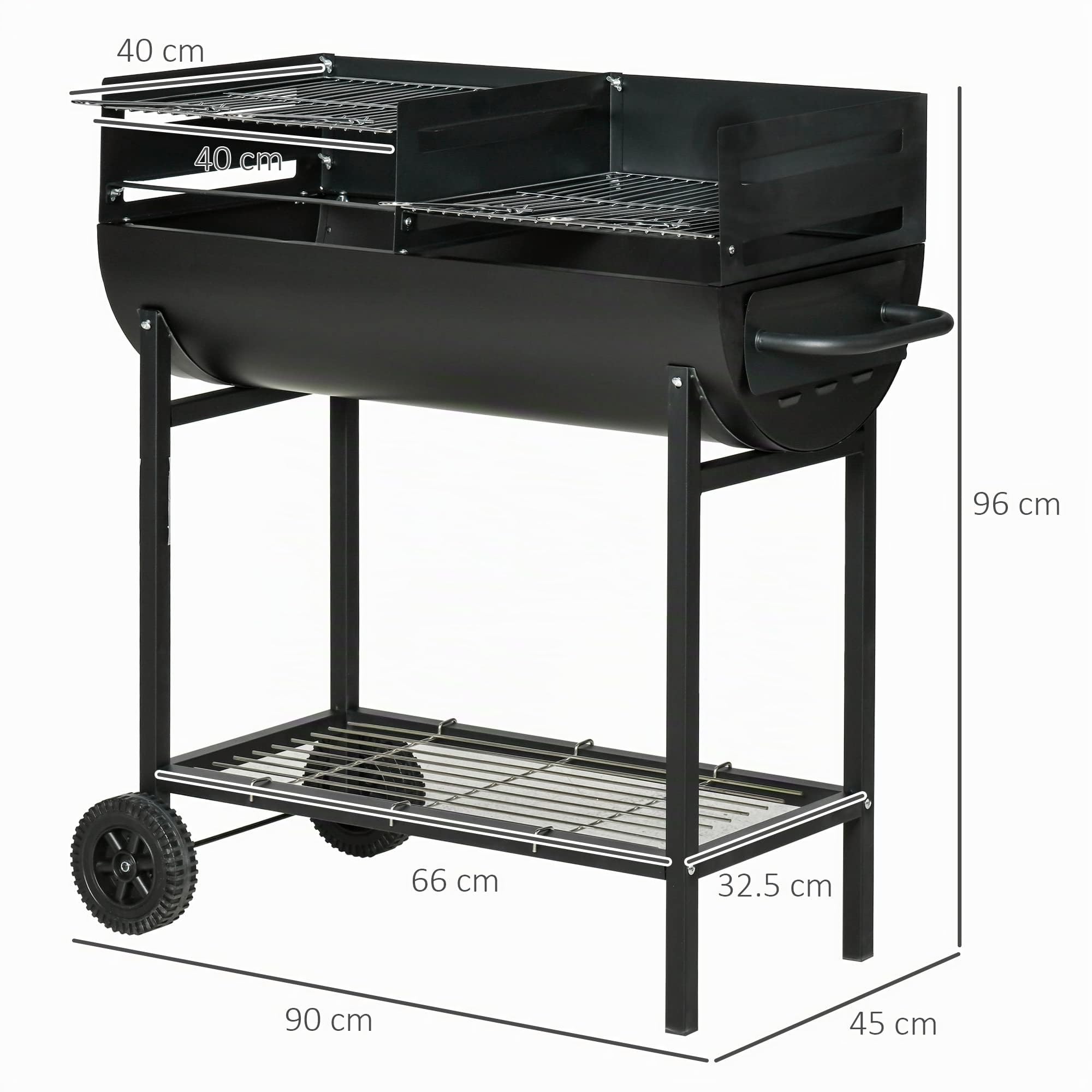 Barbecue en acier Outsunny avec 2 grilles indépendantes, 2 roues et tablette inférieure | Noir | 90cm x 45cm x 96cm