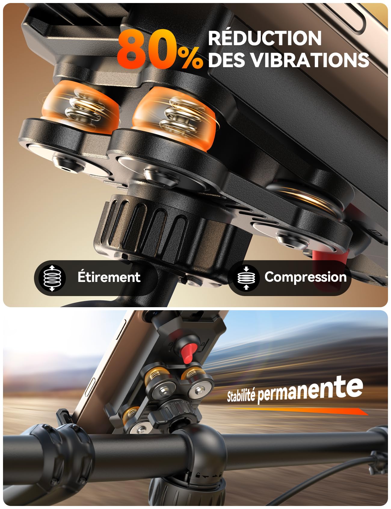 JOYROOM 2026 Support Téléphone Moto【Dernier Amortisseur】 Universel Porte Téléphone Vélo, Anti-Vibration pour iPhone 17/16/15 Pro Max, Samsung S25/S24/23 Ultra, Smartphones 4,7"-7"