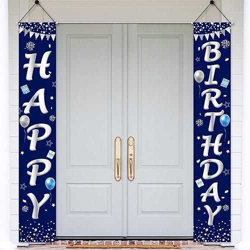 Decoración de puerta de feliz cumpleaños azul plateado para hombres y niños, cartel de feliz cumpleaños azul marino, suministros de fiesta,