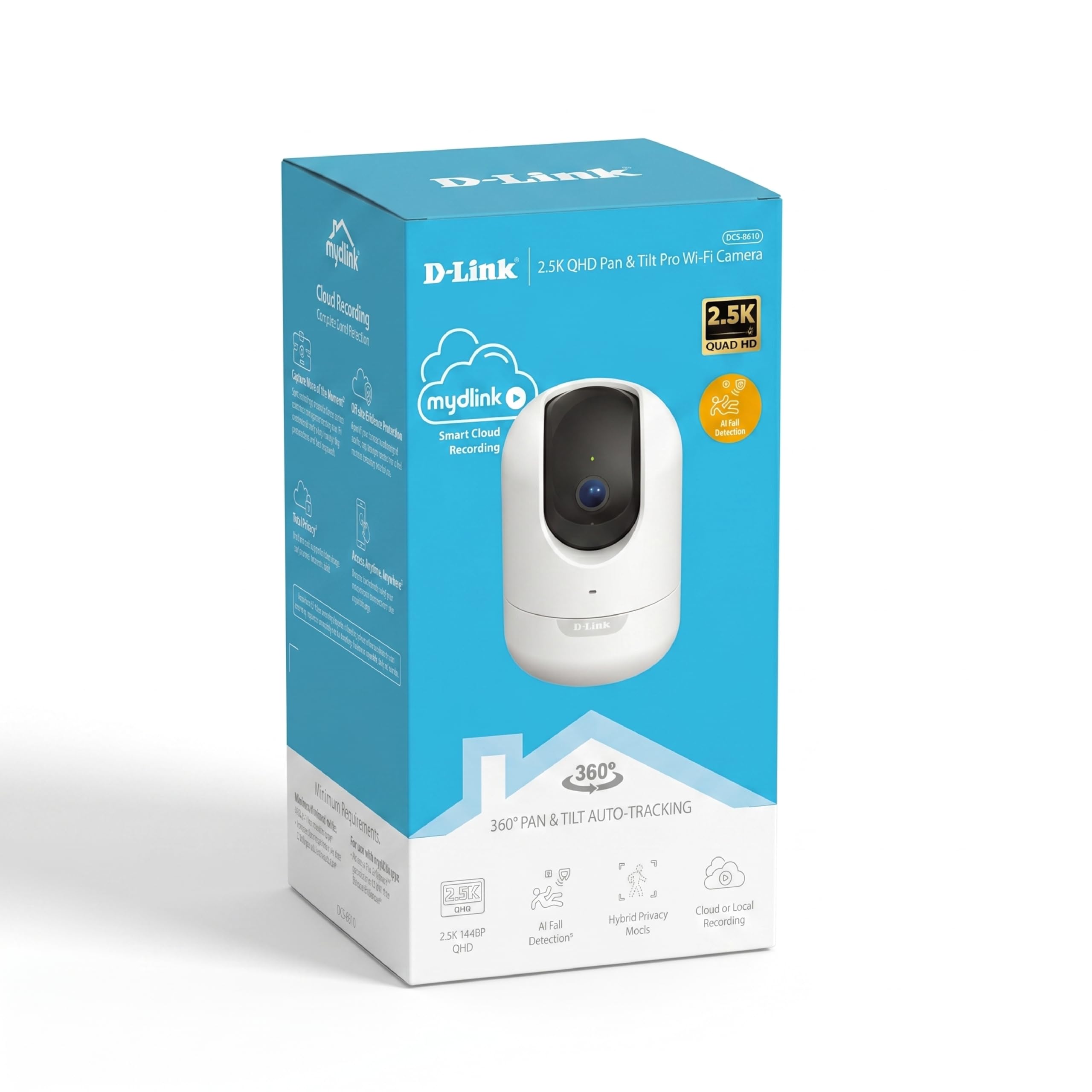 D-Link DCS-8610 Telecamera Wi-Fi Pan & Tilt 2.5K QHD, IA Persone e Cadute, Auto Tracking 360°, Visione Notturna, Audio 2 Vie, Dual Band, Ethernet, microSD, mydlink App