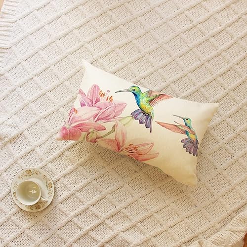 Miniatura 2 de Ogiselestyle Funda de almohada lumbar de colibrí de acuarela, 12 x 20 pulgadas, diseño de flores de verano, decoración para sofá
