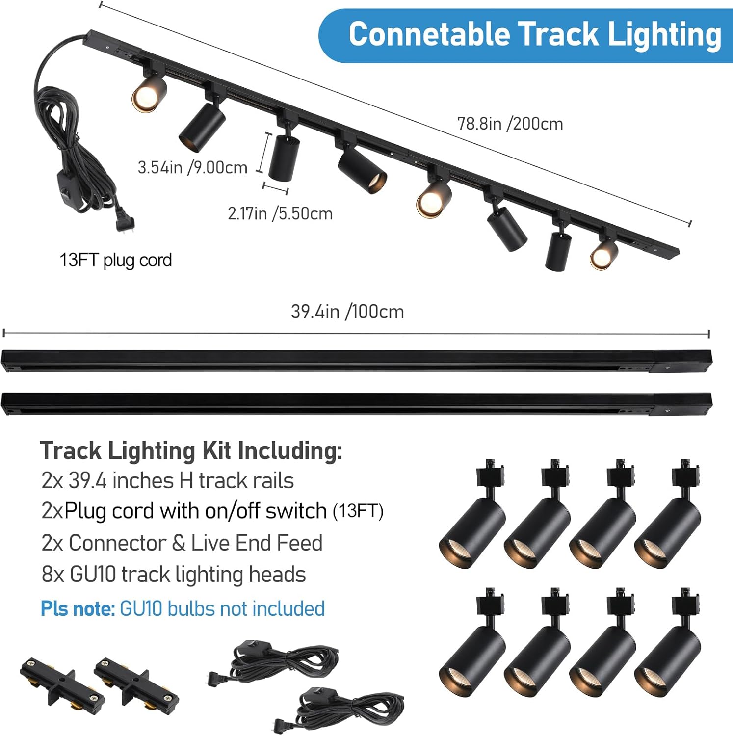 Plug in Track Lighting with Power Cord, 8 Light LED Track Lighting Kit with Connectable Rails, GU10 Kitchen Track Lighting Fixtures Wall Mounted Plug in Ceiling Light Black - No Bulbs 8 Lights