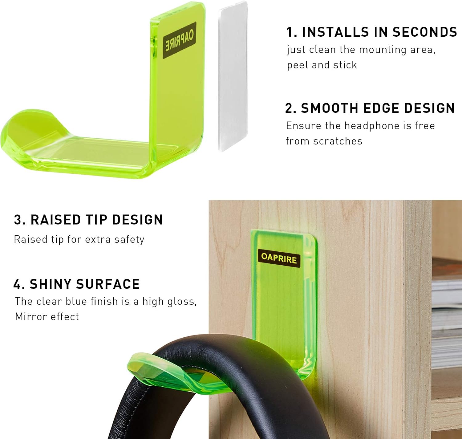 OAPRIRE Headphone Hanger Wall Mount (2 Pack) - Headphone Holder Kit with Cable Clip, Universal Headphone Stand for Sennheiser, Sony, Bose, Beats, AKG, Gaming Headphones, Earphones (Clear Green)