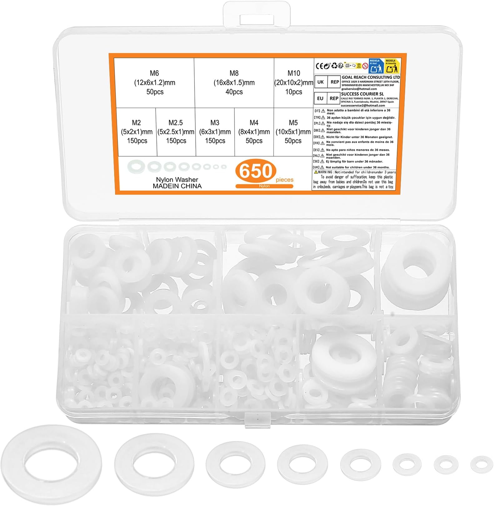 650 Pcs Nylon washers, White Flat Plastic Spacers Washers, Assorted Round Tap Seals Gaskets Rings Washers for Plumbing, Screws Bolts, 5-20mm, M2/M2.5/M3/M4/M5/M6/M8/M10