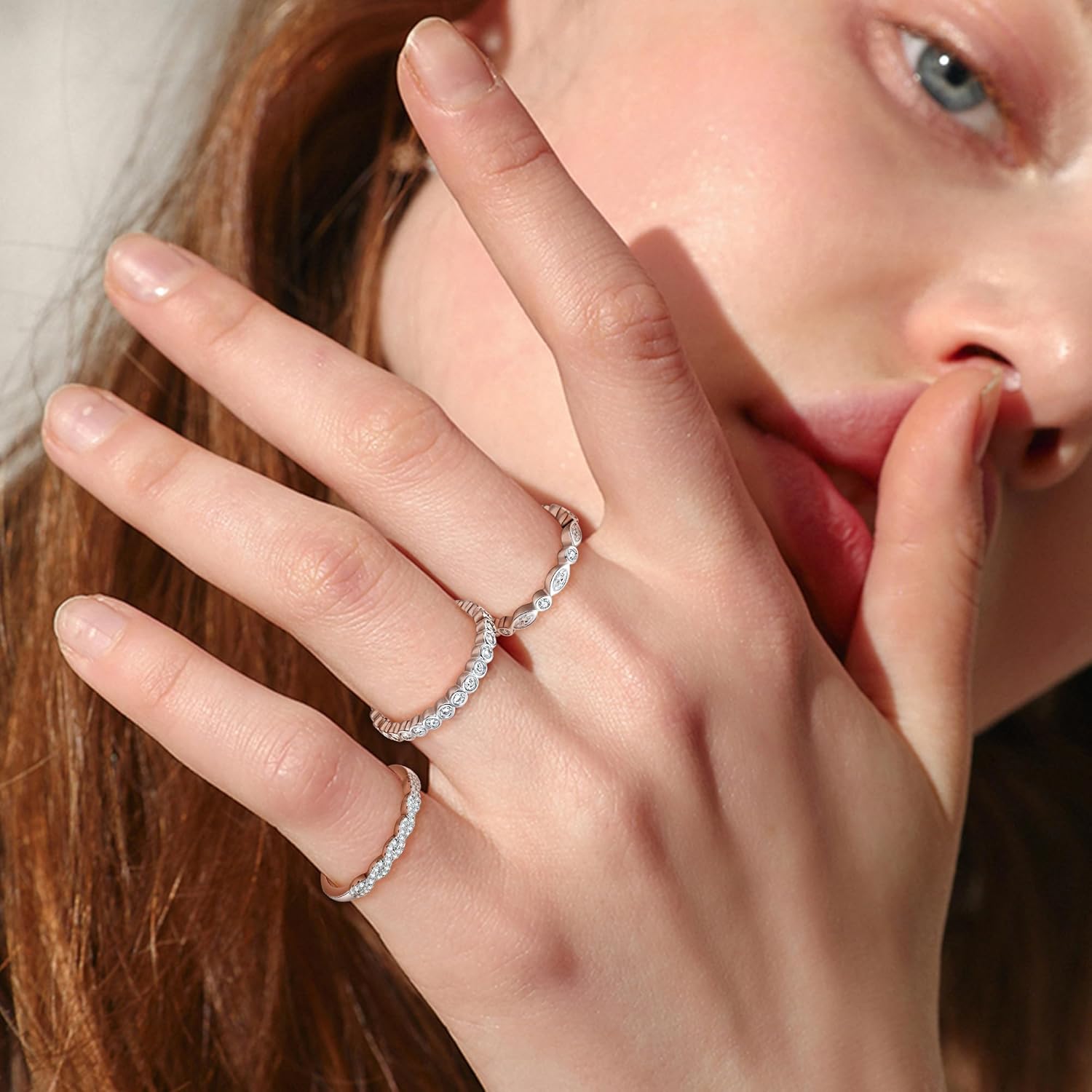 MDFUN 18K White/Yellow Gold Plated Three-in-One Cubic Zirconia Stackable Wedding Engagement Promise Eternity Ring for Women - Image 6