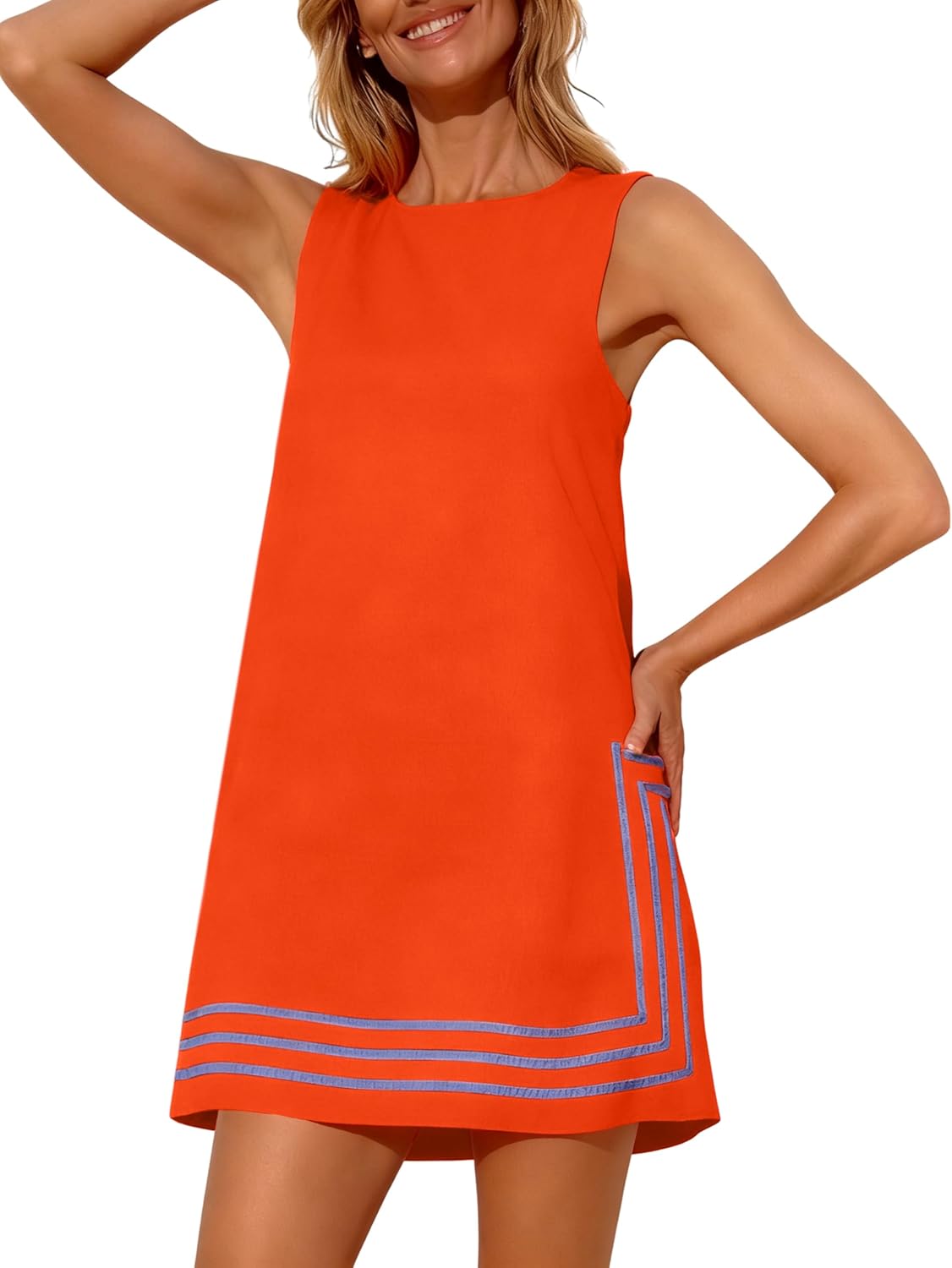 Womens Summer Boho A-Line Mini Dress Sleeveless Sundress Color Block Beach Coverups