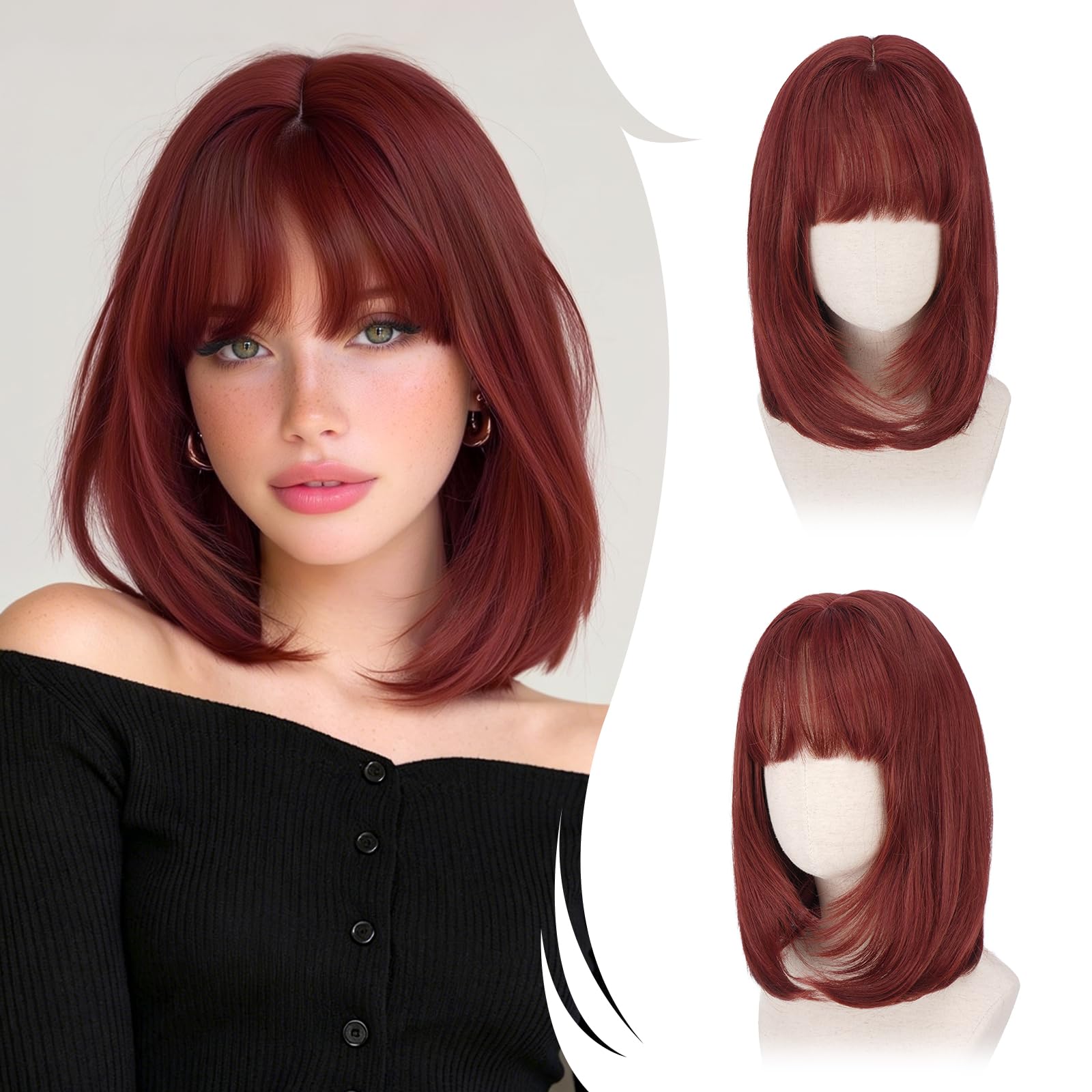 RUWISS Rouge Cuivré Perruque Courte Droite avec Frange, 35 cm Bob Layered Perruques pour Femme Classique Bob Synthétiques Résistantes pour Usageet Quotidien et Cosplay