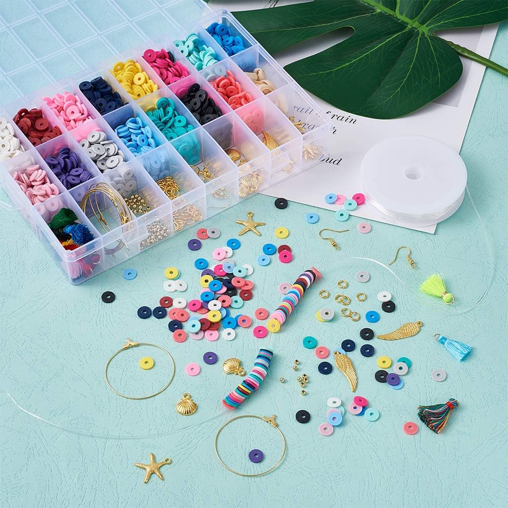 Cheriswelry 15colors Heishi Clay Beads 8mm Flat Round Chip Disc Polymer Clay Handmade Loose Beads with Elastic Crystal String for Bracelets Earrings Jewelry Making Findings