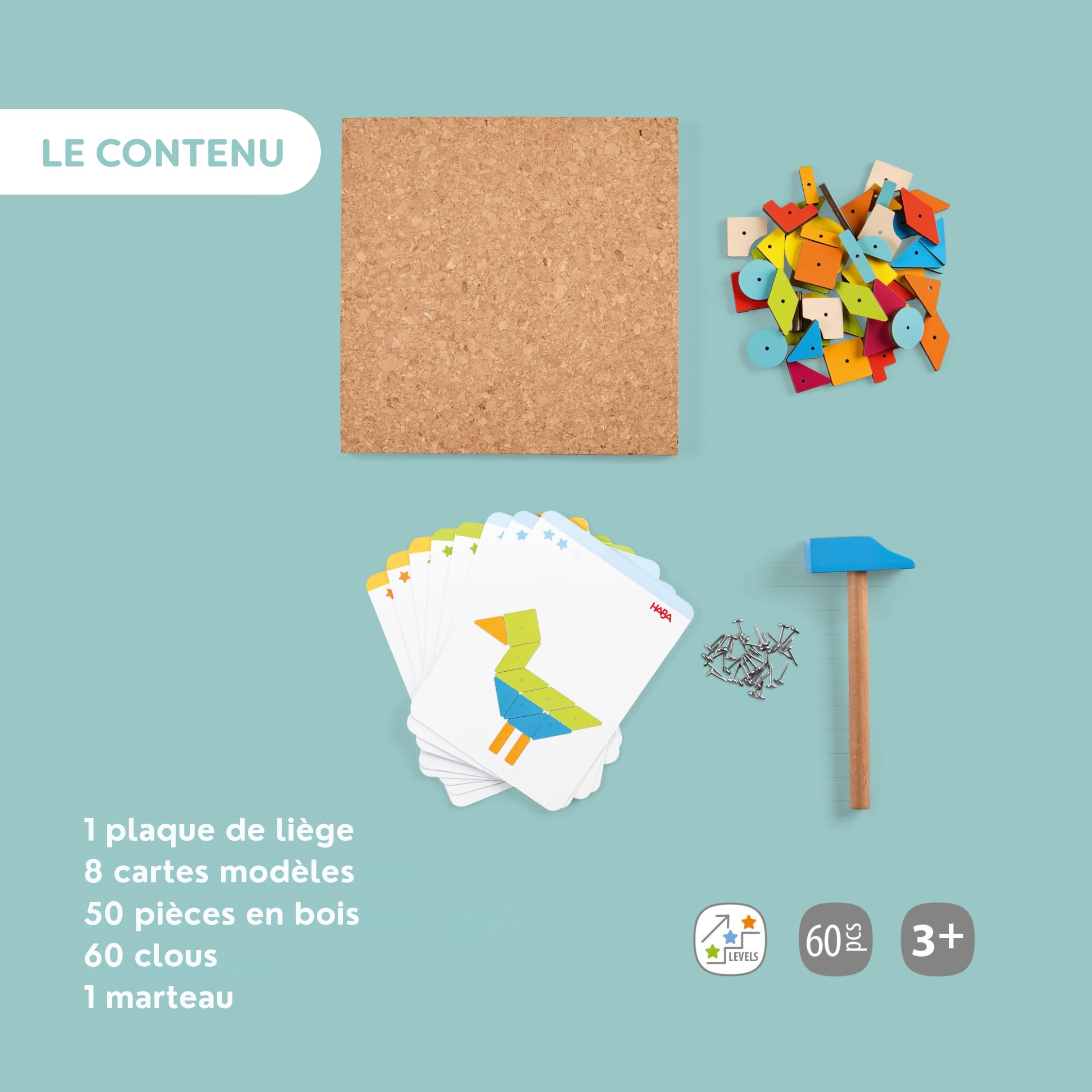 HABA Jeu du Marteau Formes géométriques : Jouet en Bois avec Marteau et Clous pour Enfants dès 3 Ans – Jouet créatif avec Plaque en liège et modèles – 2013791001