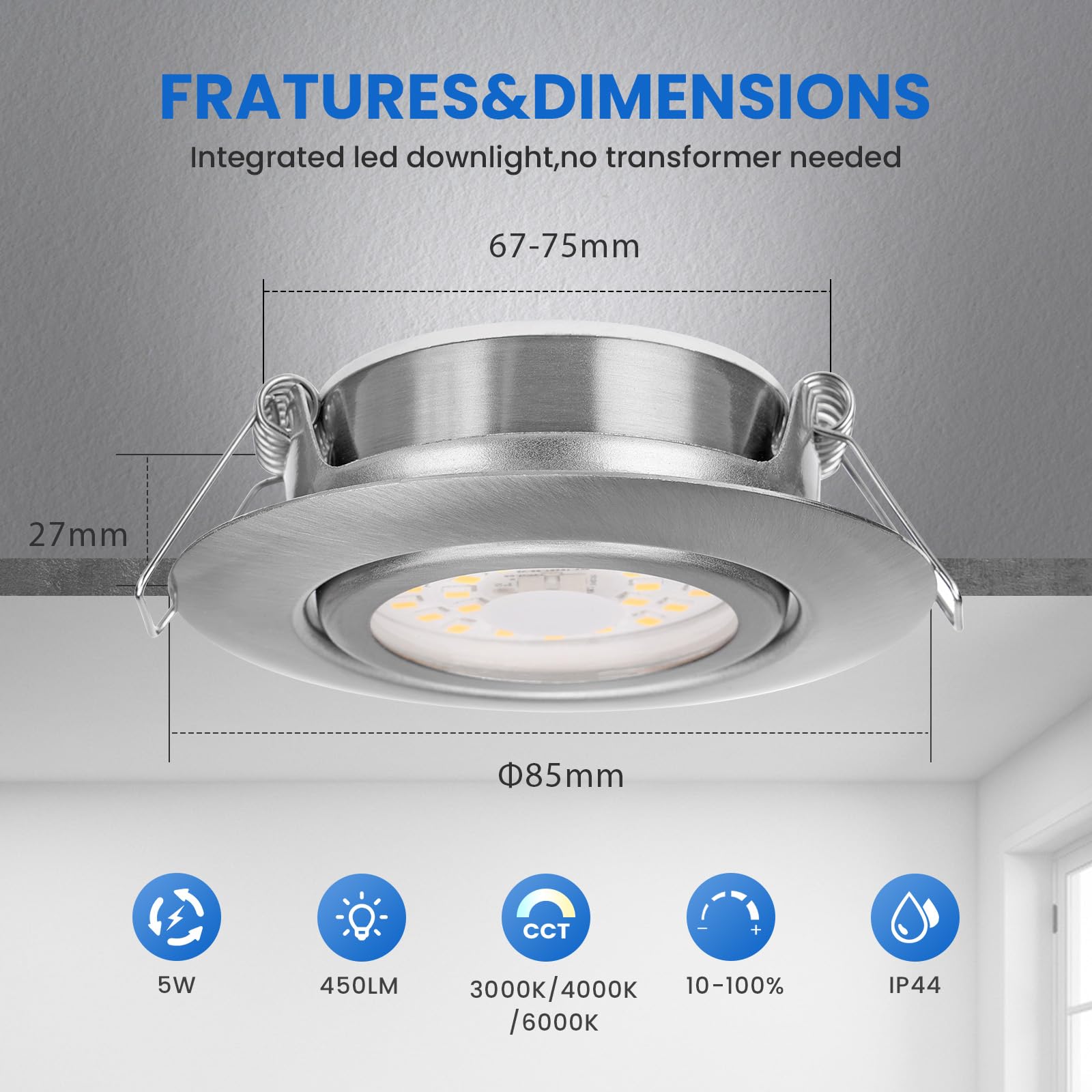 cloksh LED Einbaustrahler 230V Dimmbar LED Spots 5W IP44 Bad Einbauleuchten Schwenkbar Deckenspots,Warmweiß 3000K Neutralweiß 4000K Kaltweiß 6000K Einbauspots für Badezimmer Küche Wohnzimmer