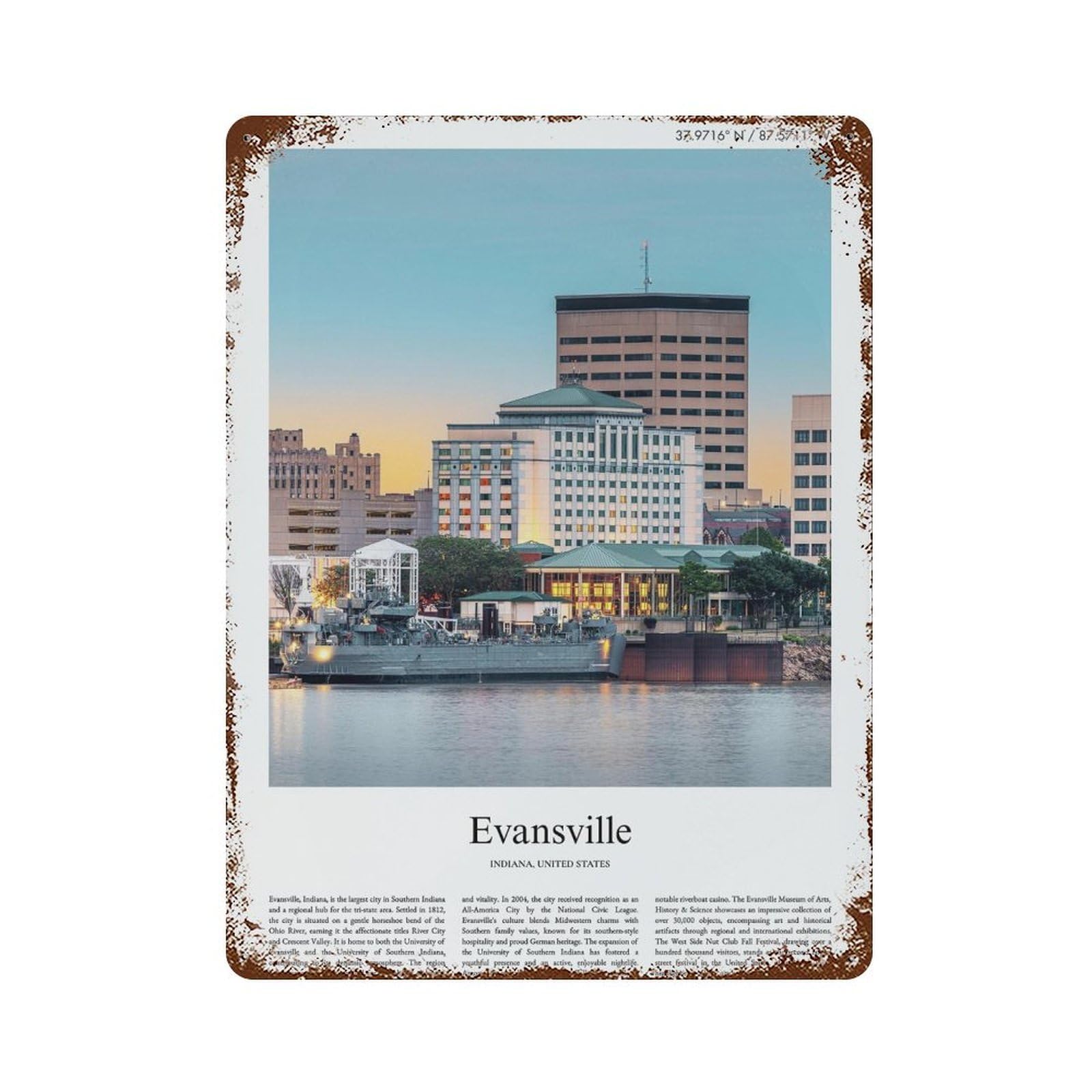 xiaoxiaoshen Evansville Indiana, United States, USA City Scenery Wall Decor Art Metal Tin Poster Modern Home Decor Art Home Bar Shop Decorations Vintage Sign 40x30cm