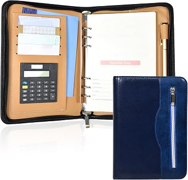 Lemical Zipper Leather Journal Refillable Binder Notebook 160 Pages Portfolio Padfolio with Calculator & Card Slot & Pen Holder Notepad Business Travel Diary Office School Supplies Blue