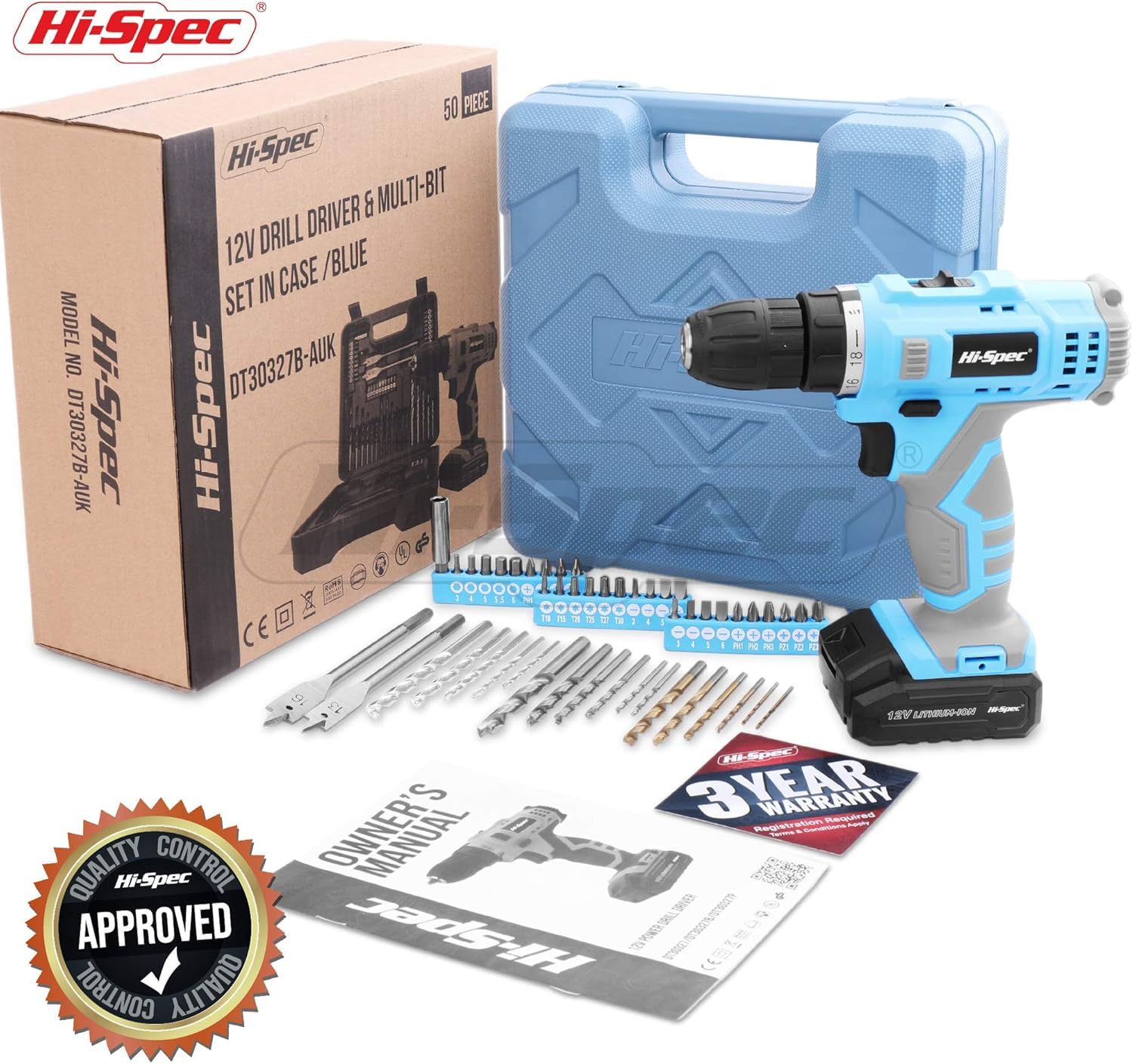 Hi-Spec Taladro Atornillador Destornillador Inalámbrico Azul de 12V Batería de 1300mAh hasta 20Nm, Velocidad Variable y Luz Led. con Maletín Estuche de 46 Puntas Brocas y Accesorios de Bricolaje.