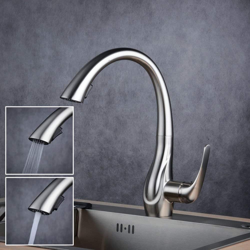 Beelee BL1749N 14" Professional Single Lever Brushed Nickel Pull Out Sprayer Kitchen Faucets, Commercial Deck Mounted Kitchen Pull Down Taps