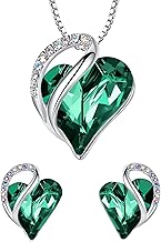 Leafael Infinity Love Heart Necklace and Stud Earrings for Women, May Birthstone Crystal Jewelry, Silver Tone Bundle Gifts for Women, Emerald Green