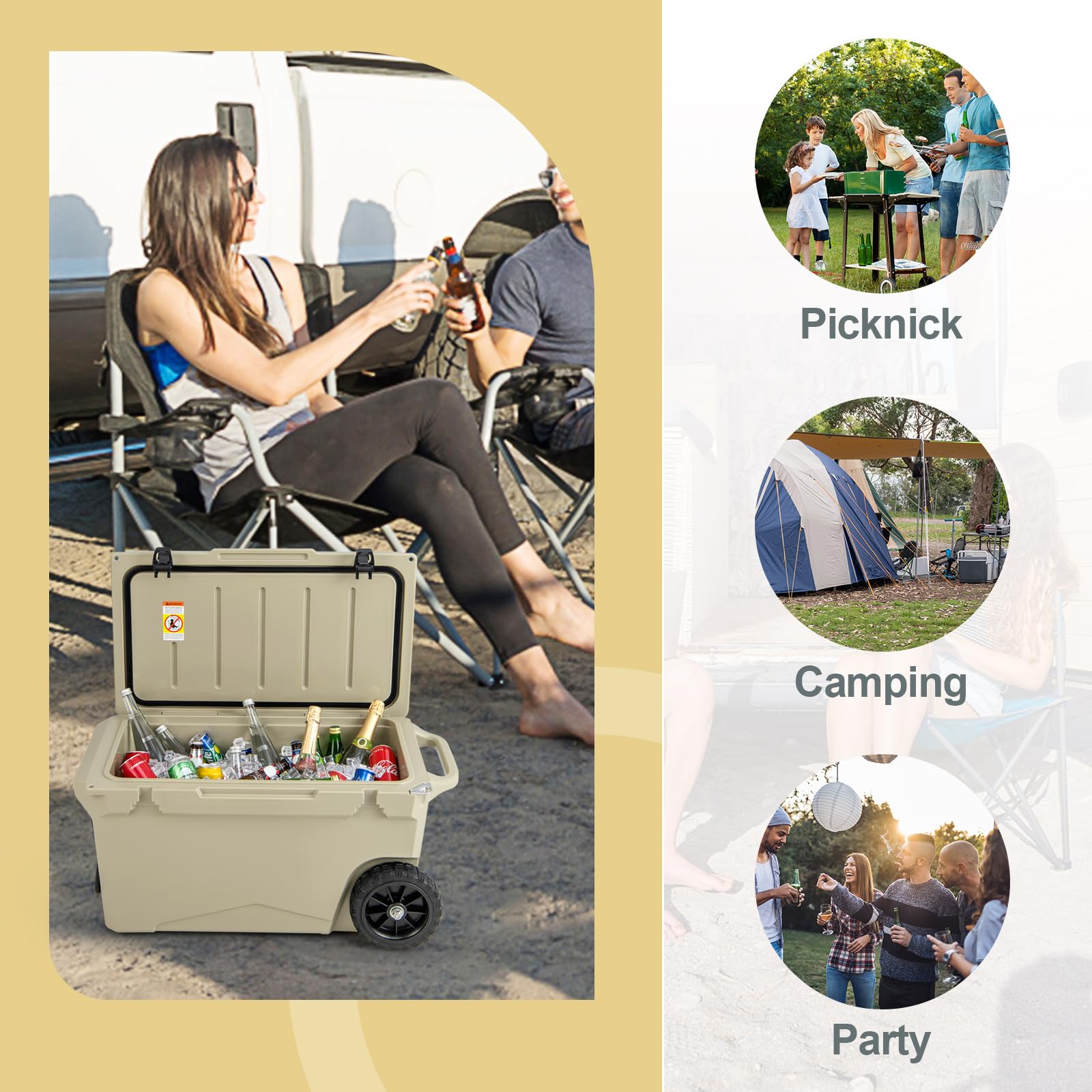 COSTWAY 71L Isolierbox tragbar, Kühlbox grau inkl. Alugriff & großen Rädern, Wärmebehälter mit Flaschenöffner und Abflusssystem, Thermobox belastbar bis 100kg für Camping Picknick Angeln