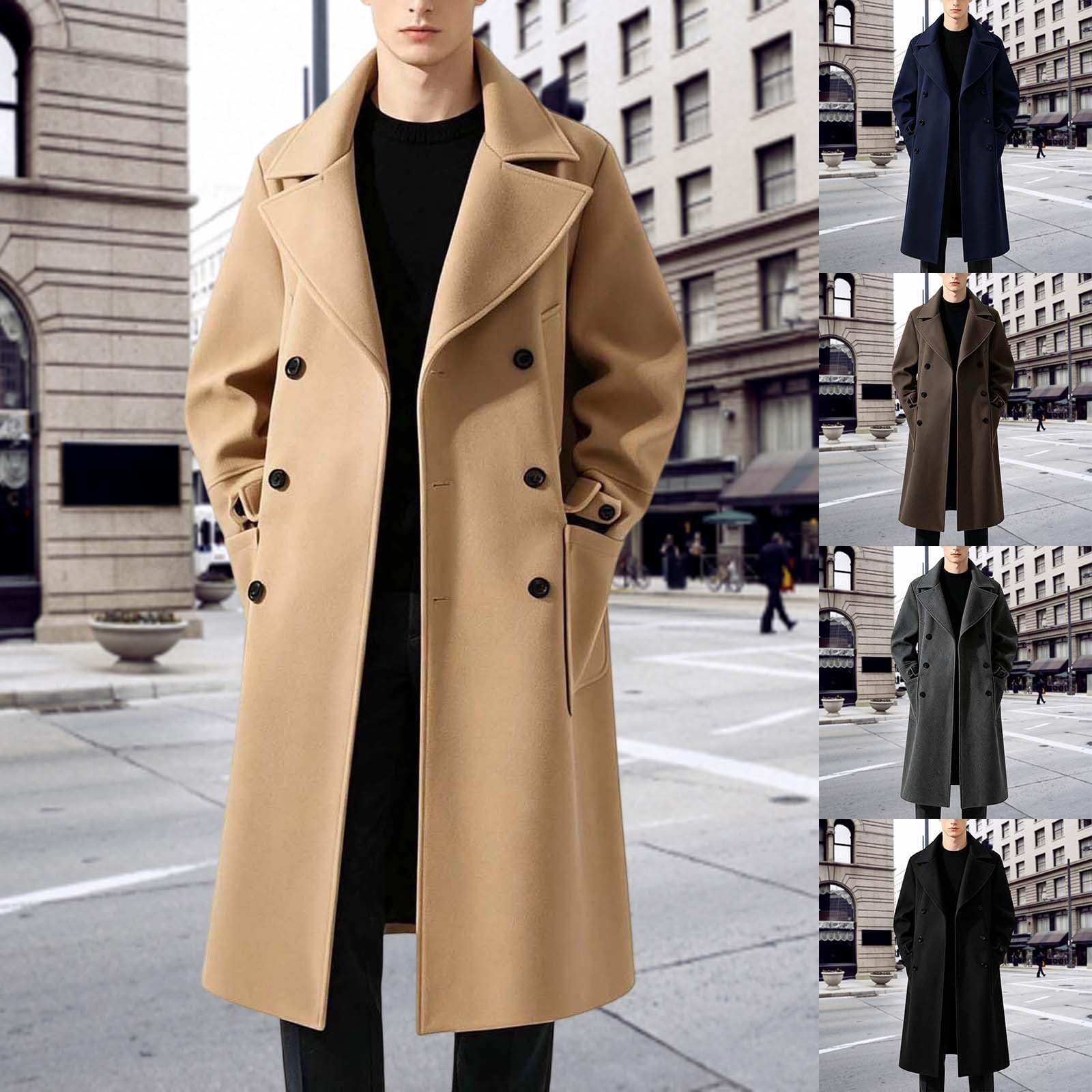 Trenchcoat Herren Lang Klassisch Wollmantel mit Taschen Elegant Wintermantel Zweireihig Revers Business Casual Trench Coat Mäntel Übergangsmantel Einfarbig Herbstmantel