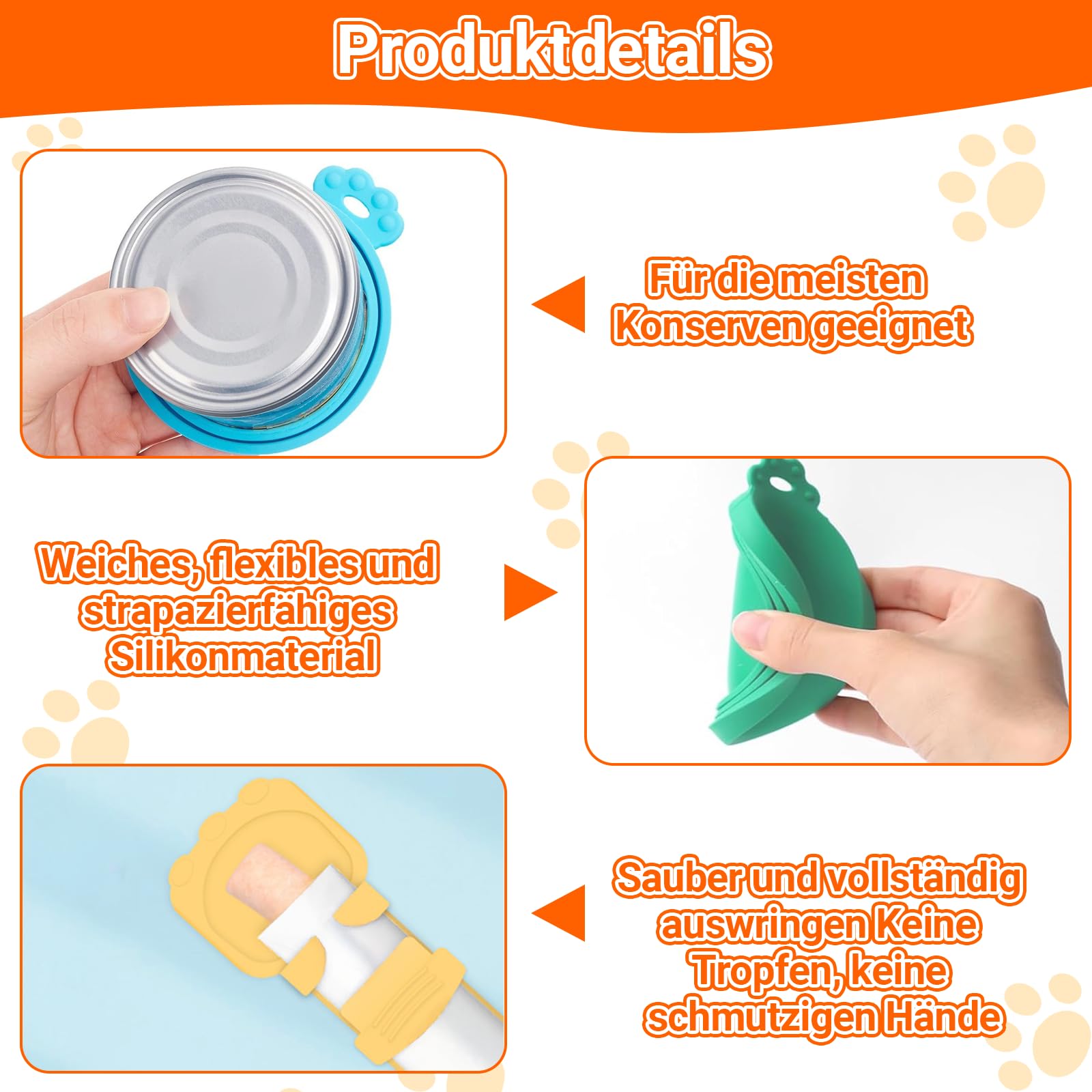 4 Couvercles Silicone + Cuillère – Couvercles Universels (6,5/7,5/8,5 cm), Extensibles & Réutilisables, Sans BPA, Lavable au Lave-vaisselle – Pour Boîtes de Nourriture Animaux