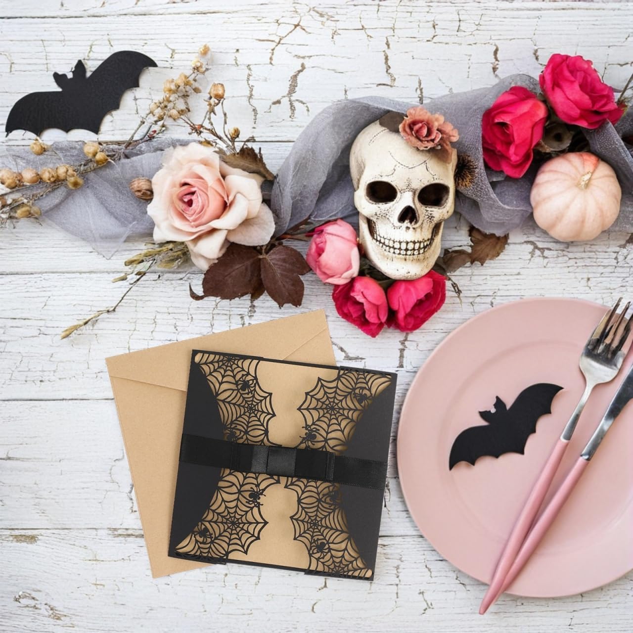 Housoutil Halloween Invitation Card, 10PCS Cut Spiderweb Design Invitations Cards with Bowknot, Black Pearl Paper Invites for Horror Party, Wedding Gothic Events