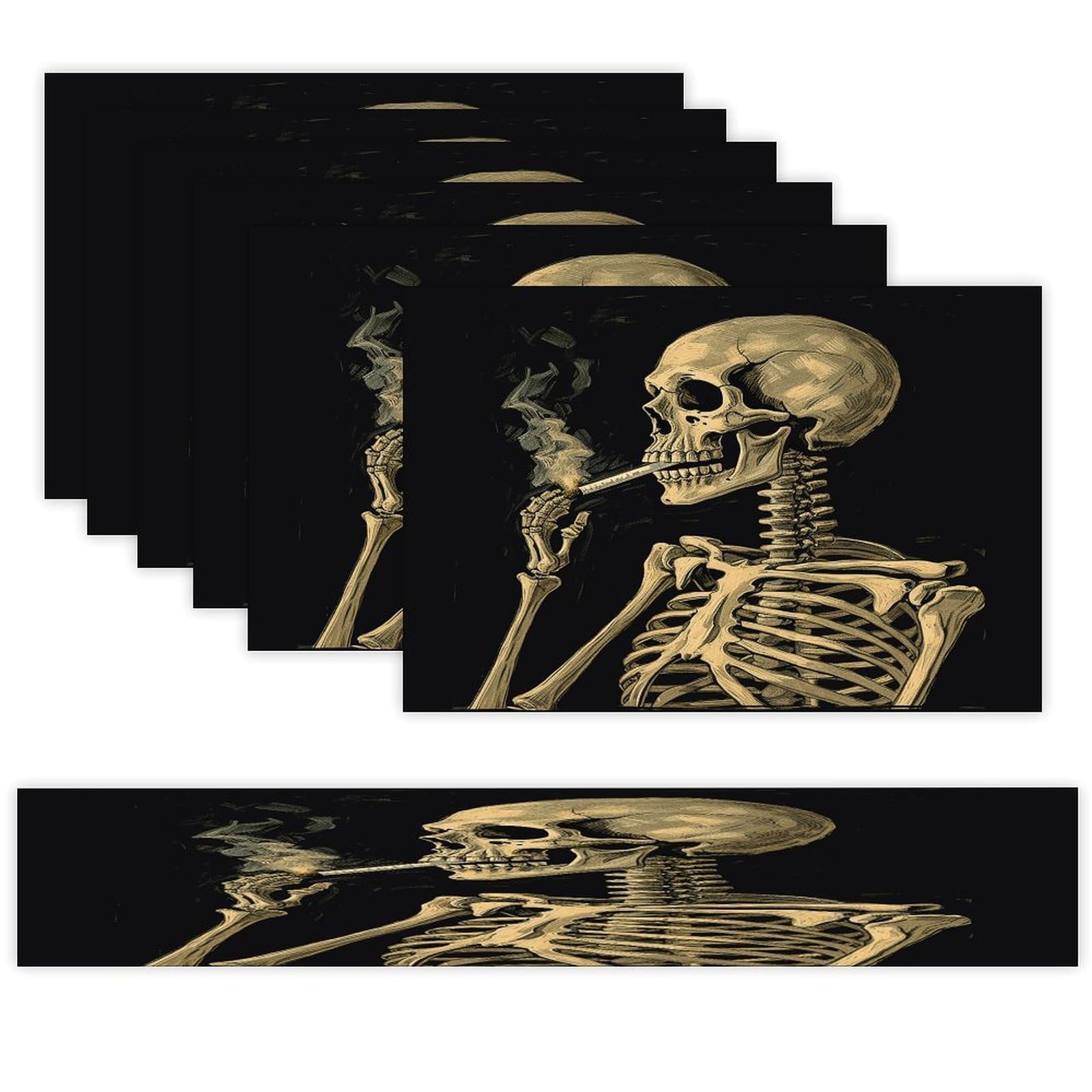 A Skeleton with Burning Cigarette Table Runner and Placemats Set of 6 Wipe Clean Heat Resistant Table Mat with Table Runner Decorations Flax Linen Place Mat Set for Home Kitchen Party Supplies