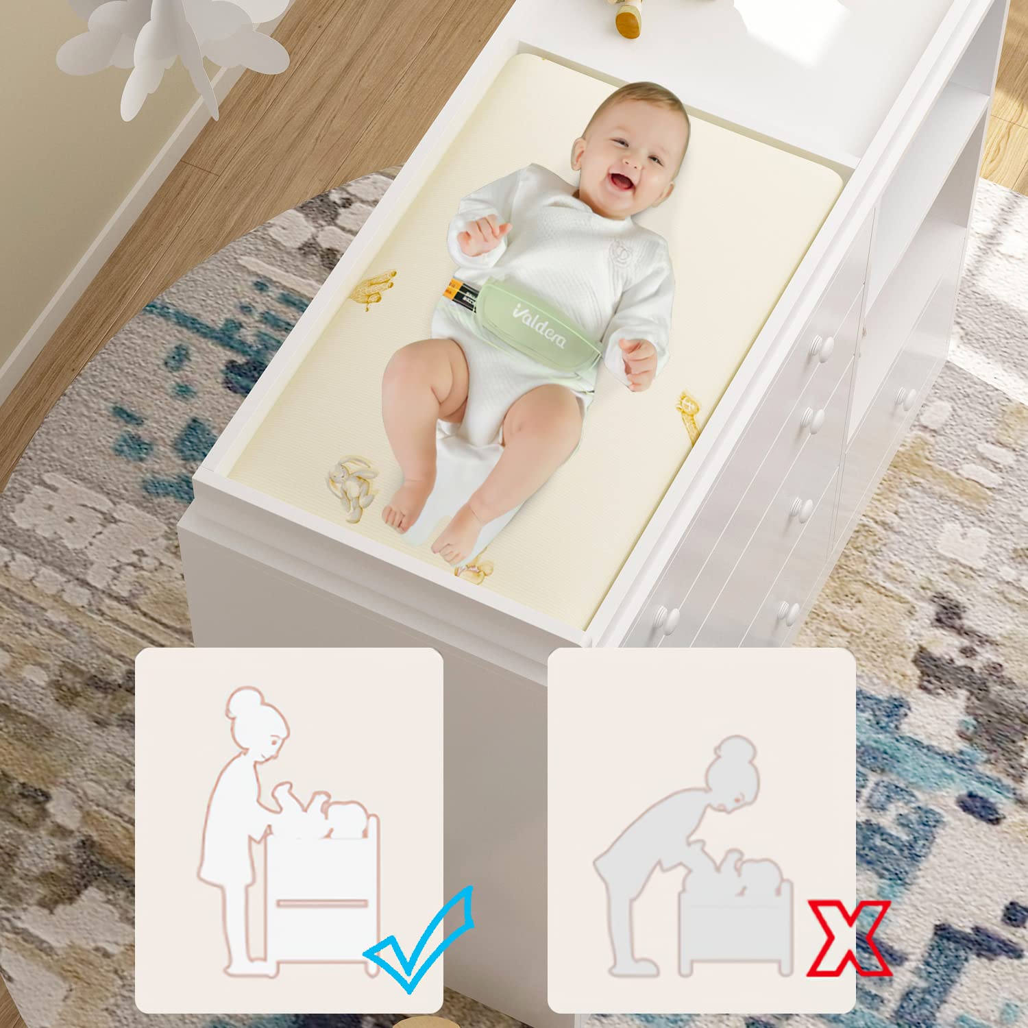 Wickeltisch, Wickelkommode, Wickelregal mit 5 Schubladen, Babykommode, Babypflege, Babymöbel, Wickeltische für Babyzimmer, Schlafzimmer, weiß, MDF