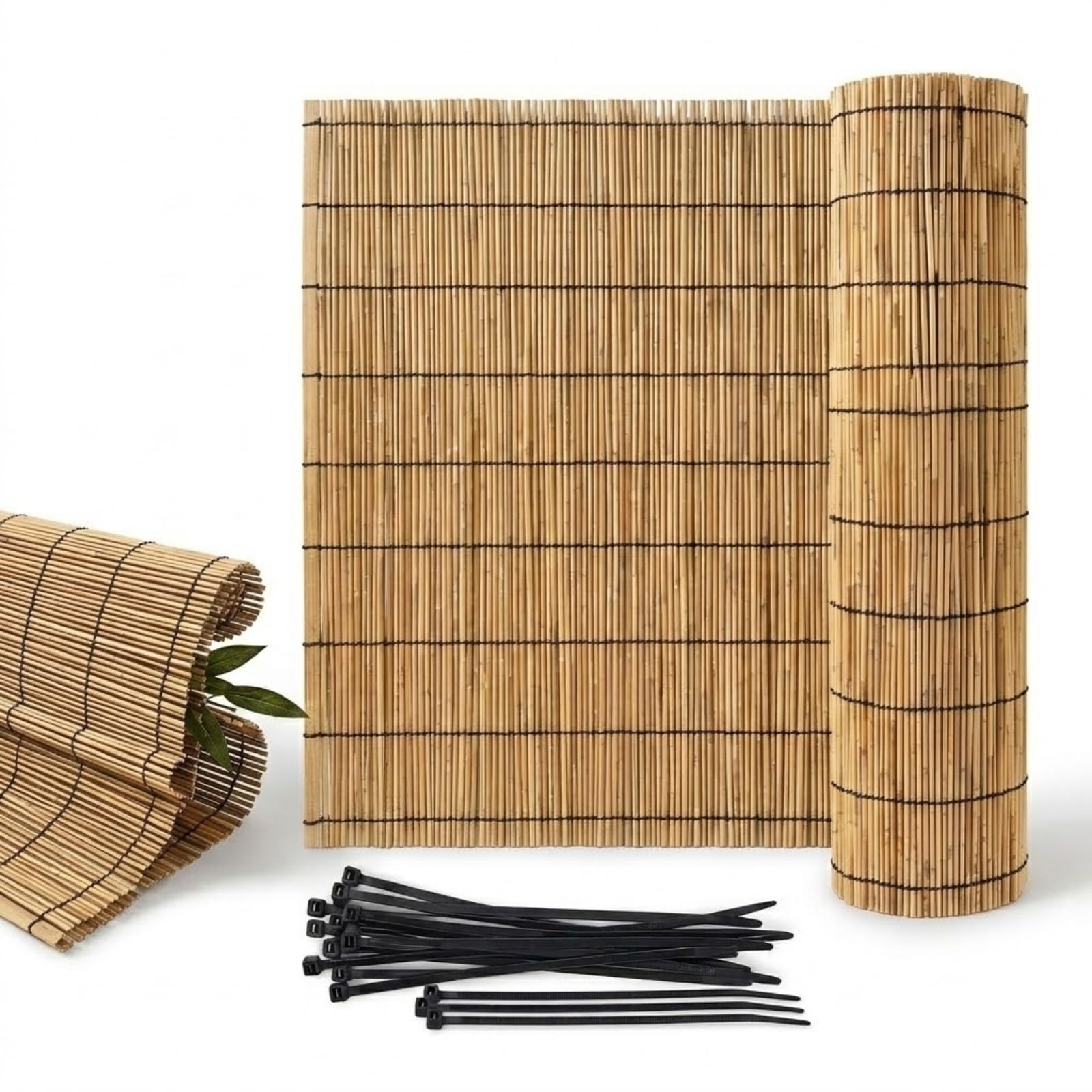 Cañizo Natural para Jardín, Rollo de Valla de Caña para Ocultación y Privacidad, Estera de Cañizo con Bridas, Pantalla de Protección Visual para Balcón, Terraza y Patio(Natural,91x366cm(3x12ft))