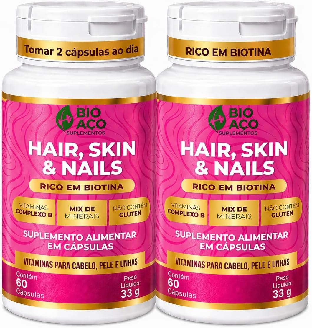 Kit 2Un Cabelo, Pele e Unhas Bio Aço Suplementos, Rico em Biotina, Vitaminas A, C, E, B1, B2, B3, B5, B6, B9, B12, Mix de Minerais com Zinco, Selênio, Cromo e Cálcio, 60 Cápsulas cada
