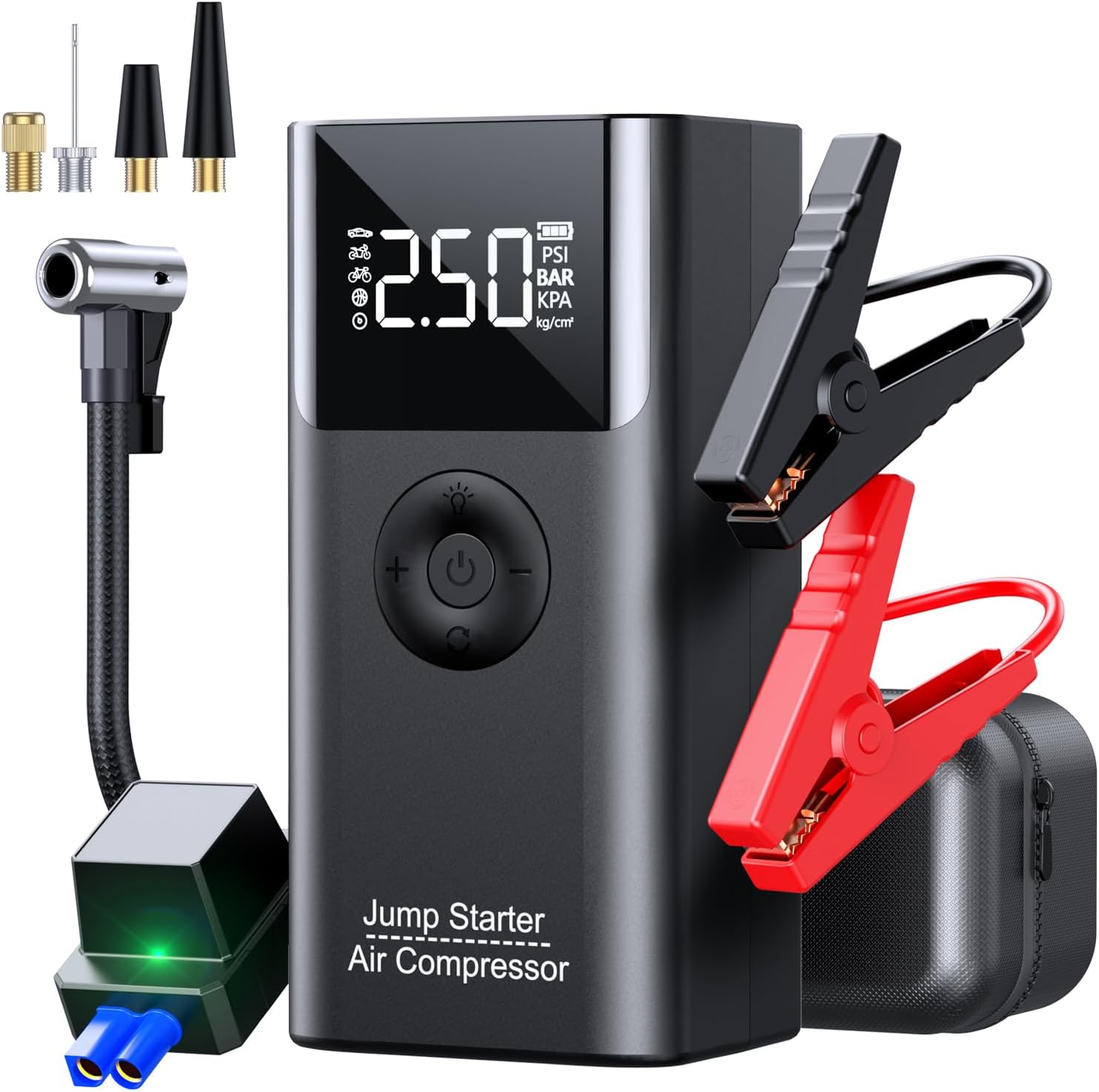 LERTIN 2500A 150PSI Portable Car Battery Jump Starter with Air Compressor and accessories.