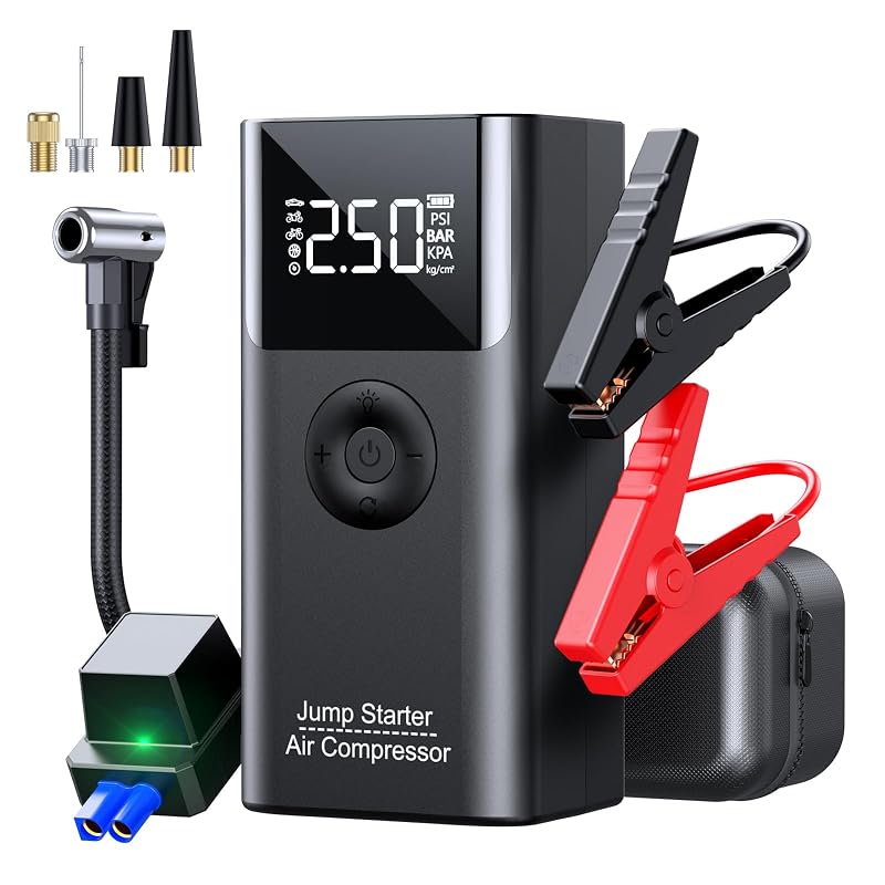 Auxiliar de Partida KIUADOA QS003 2500 A com Compressor de Ar, Inflador 150 PSI, Bateria 8000 mAh e Lanterna 12 V