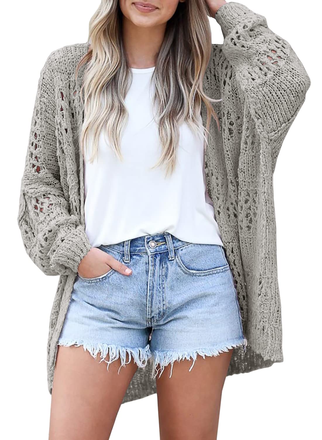 Ermonn Womens Crochet Cardigan Sweater Kimonos Boho Solid Color Oversized Spring Open Front Outwear