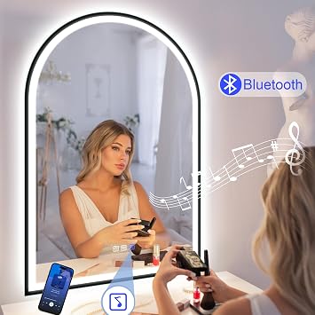 STARLEAD 36x24 Black Frameless Arched LED Bathroom Mirror with Bluetooth Speaker, Dimmable Lighting, 3 Color Temperature, Anti-Fog, Touch Control Wall Mounted Vanity Mirror