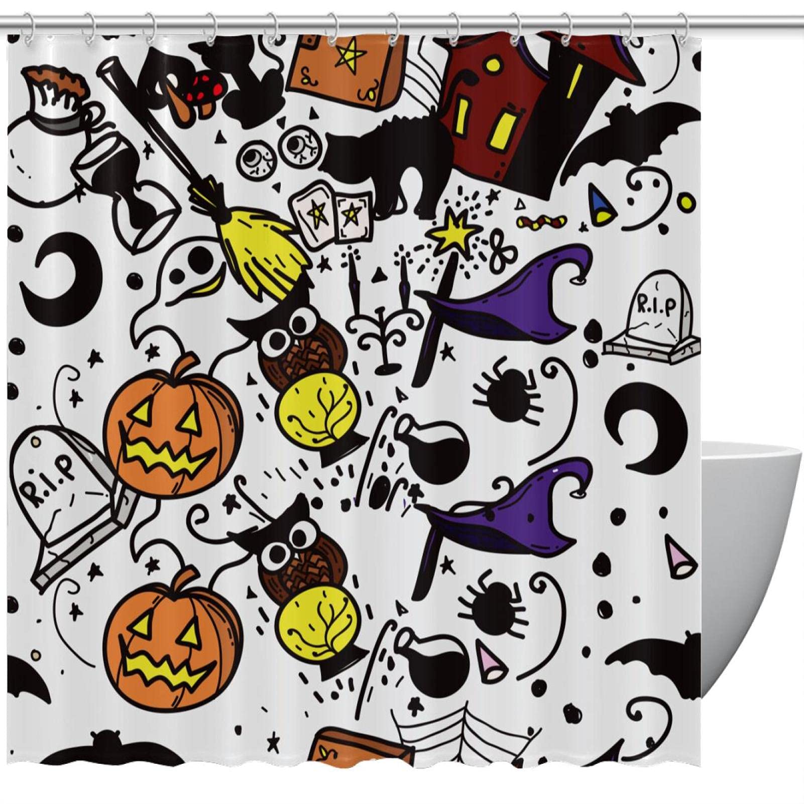 Rideau de douche Halloween citrouille et sorcière avec crochets pour salle de bain 183 cm