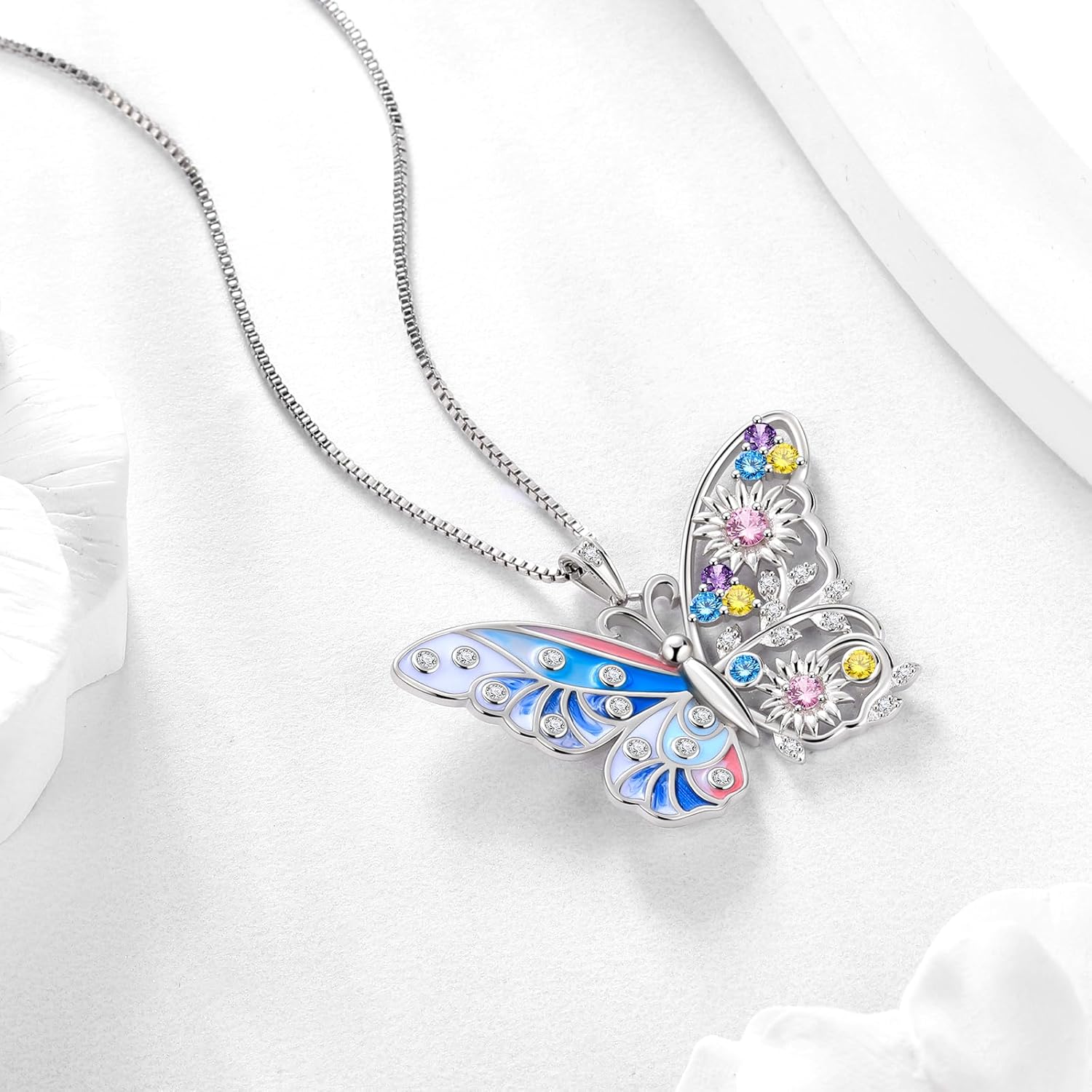 Aurora Tears 925 Sterling Silver Butterfly Flower Pendant Necklace - Colorful Enamel Zircon Adjustable Chain Jewelry Gift for Women Her - Image 2