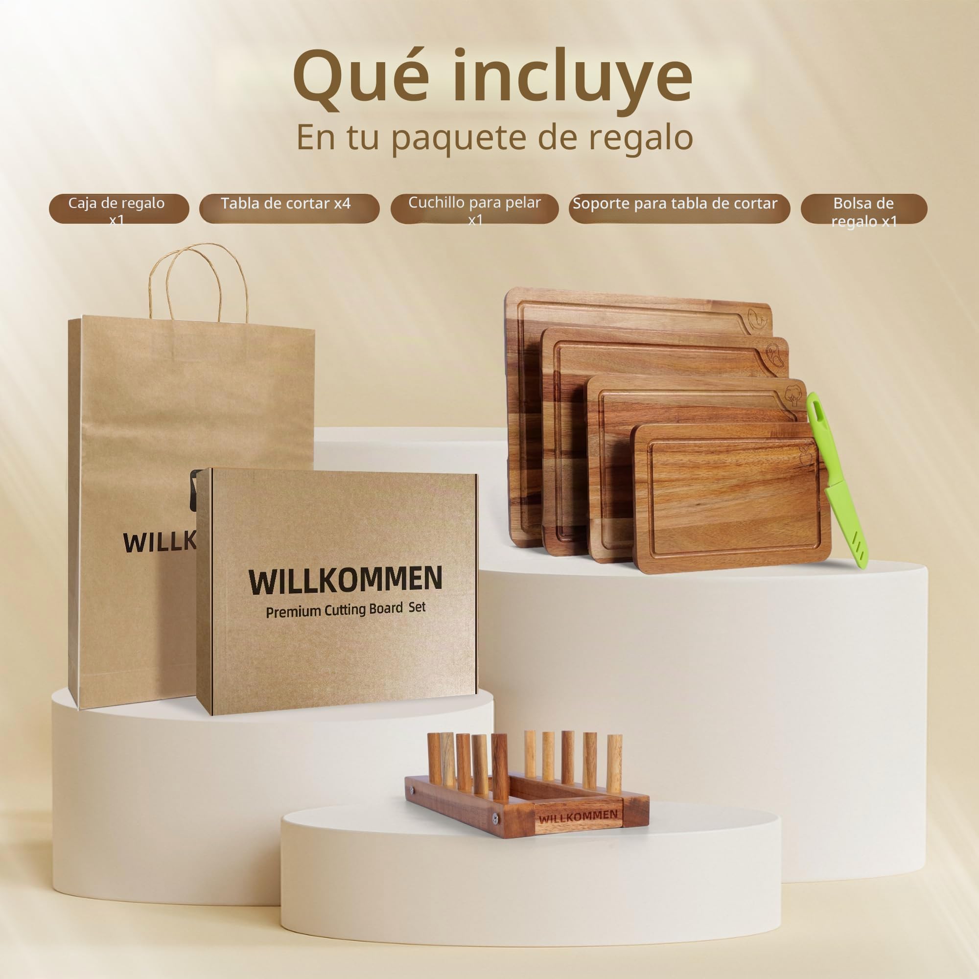 WILLKOMMEN Juego de 4 Tablas de Cortar Acacia para Cocina - Madera Maciza con Canal Antiderrames - Ideal para Charcutería, Corte Sin Esfuerzo Carne/Vegetales/Pan
